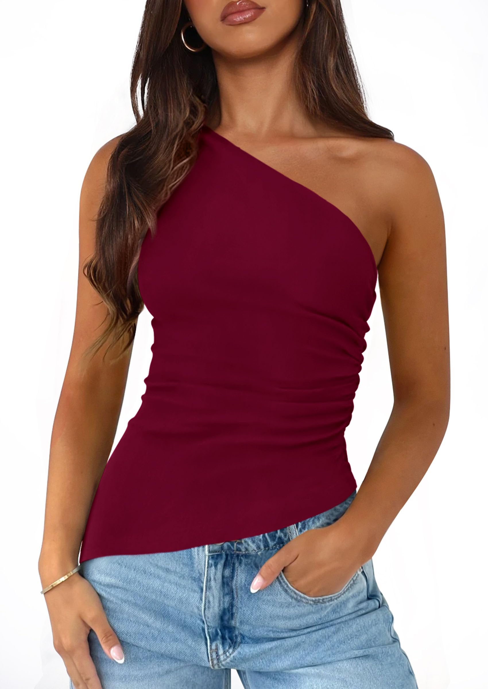 One Shoulder Summer Tops for Women,Wine Red,XS