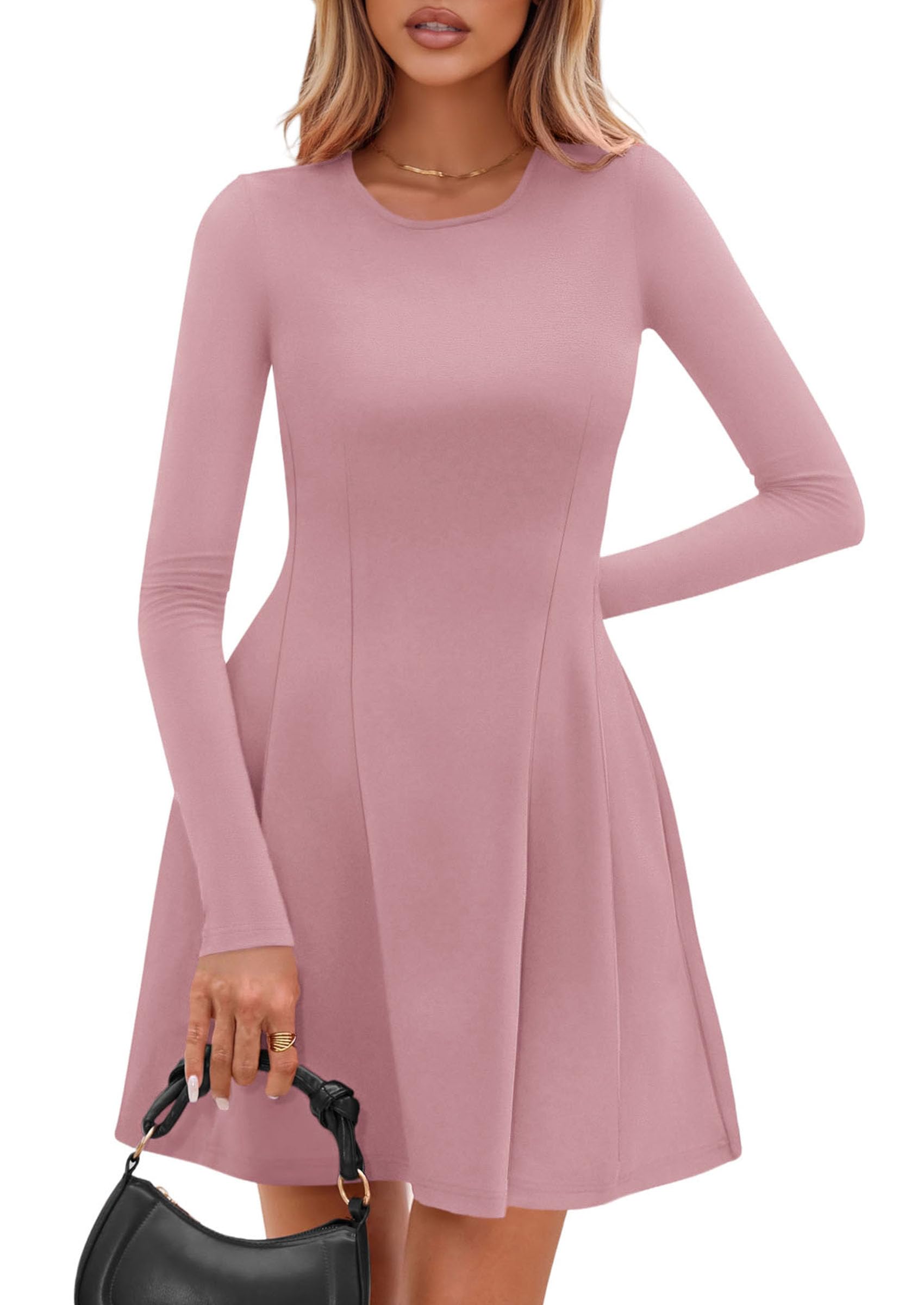 Womens Long Sleeve Pleated Mini Dress,Pink,XS