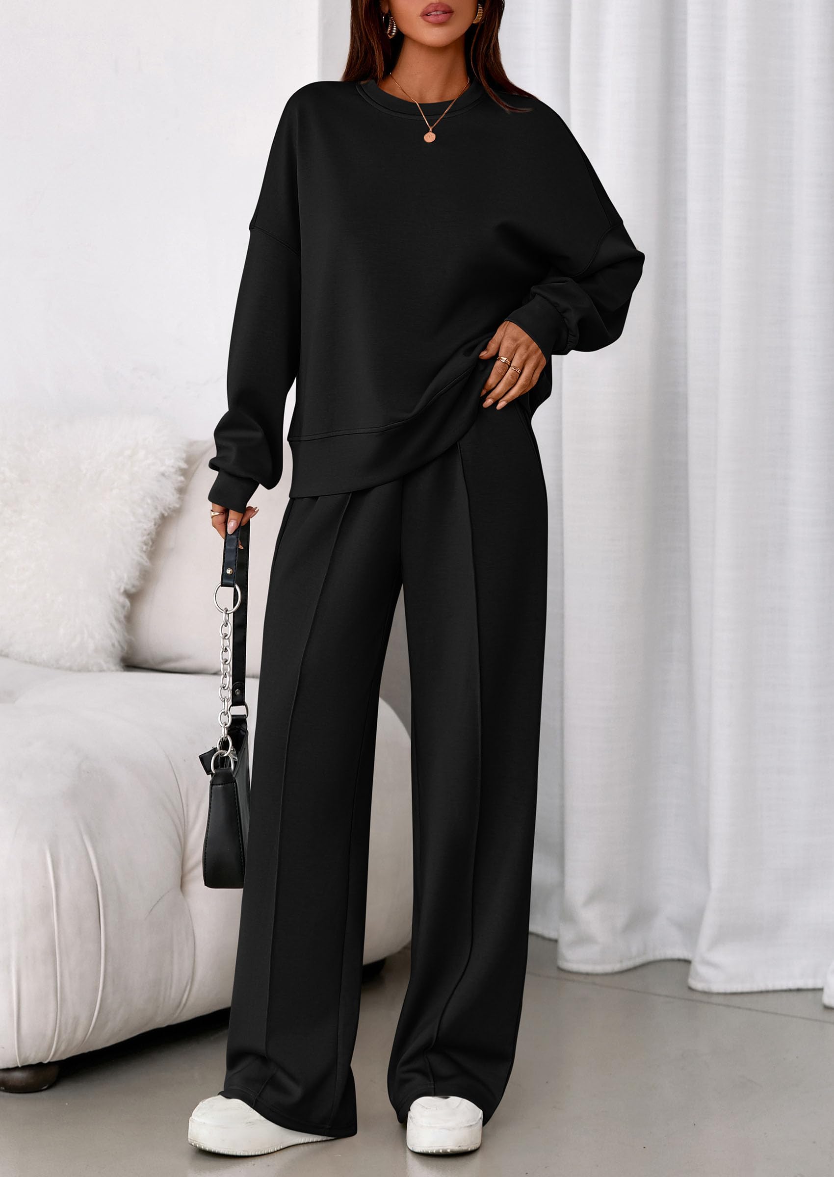 Womens Long Sleeve Sweatshirt 2 Piece Sets,Black,S