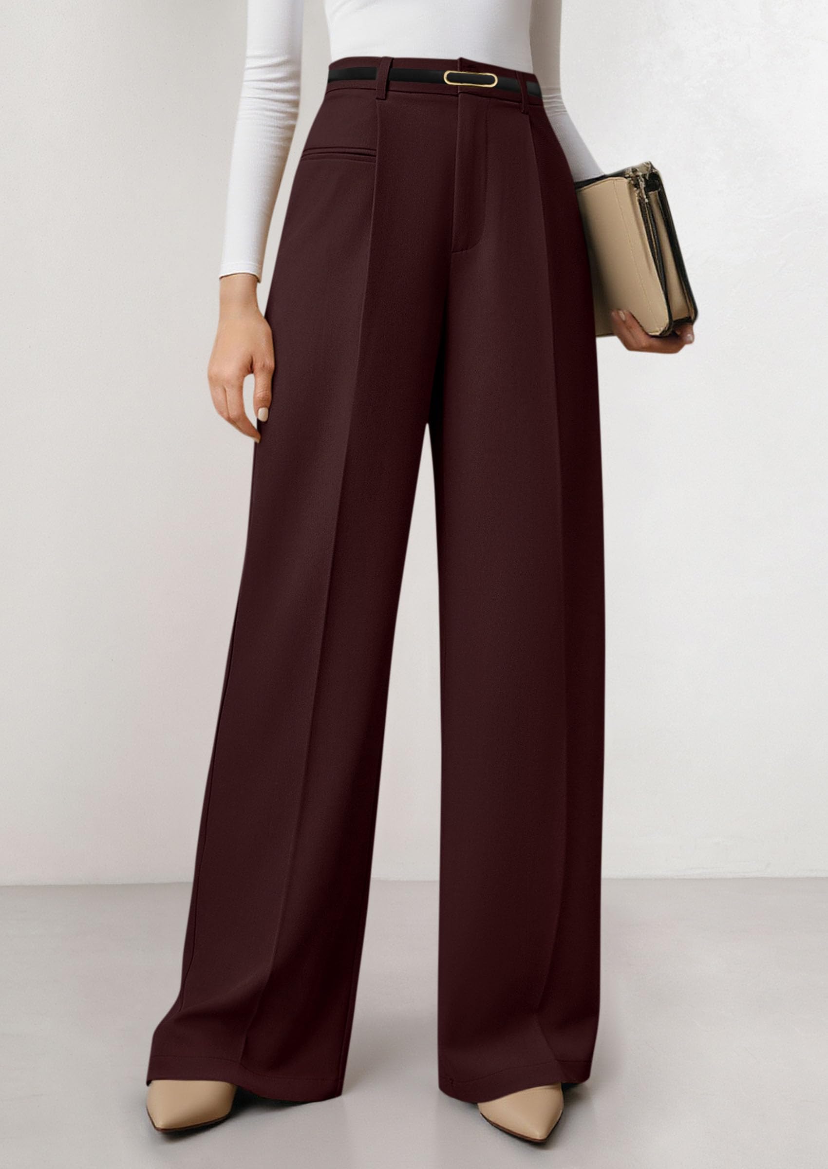 Women's Tailored Wide Leg Work Dress Pants,Red Brown,XS