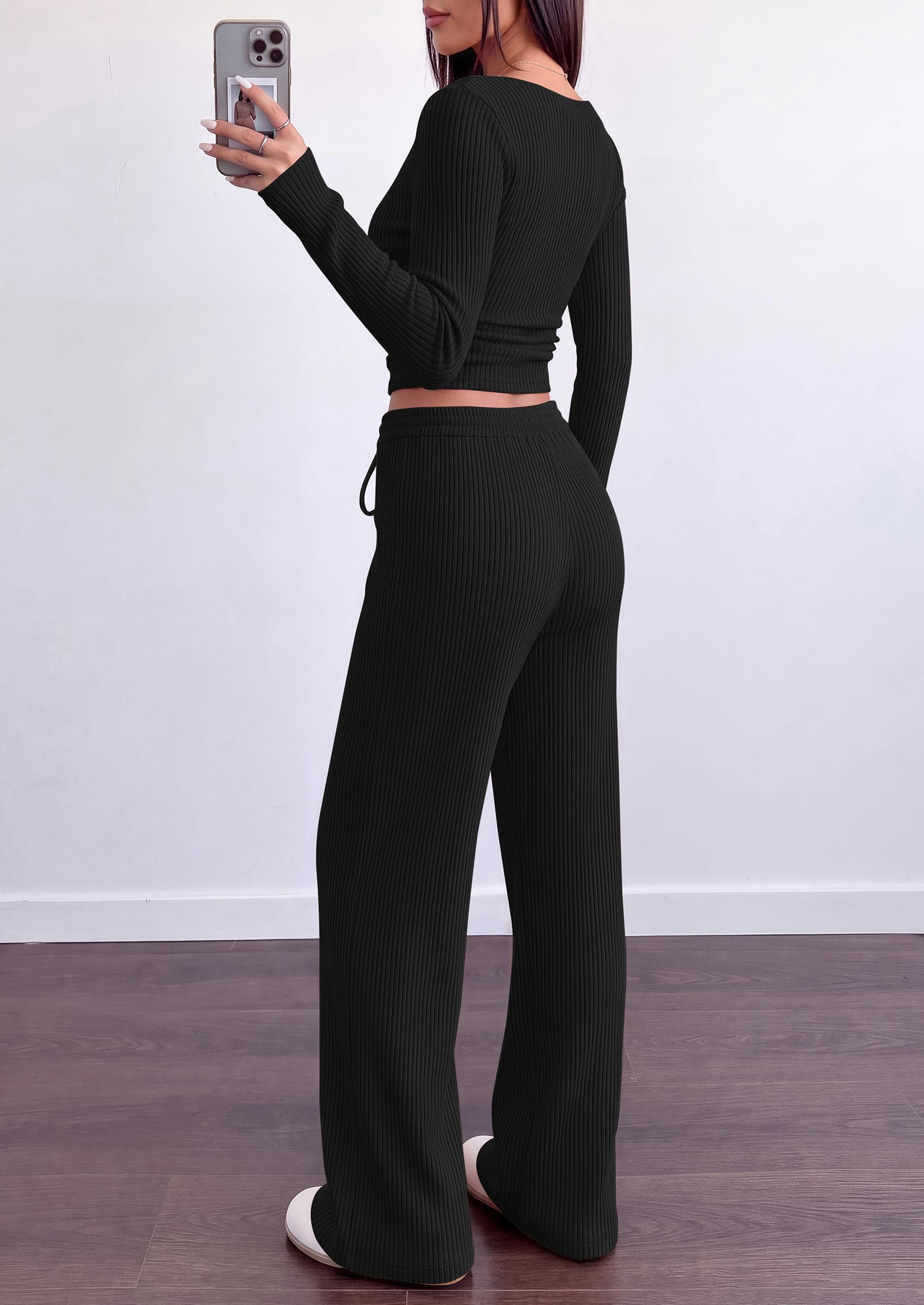 Matching Sets Women Clothing Fall Ribbed 2 Piece Lounge Set