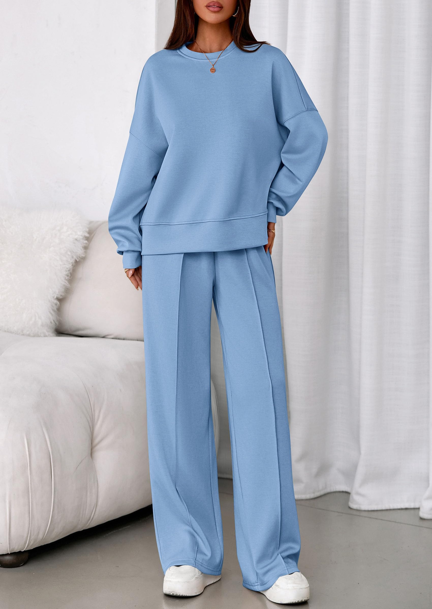 Womens Long Sleeve Sweatshirt 2 Piece Sets,Light Blue,S