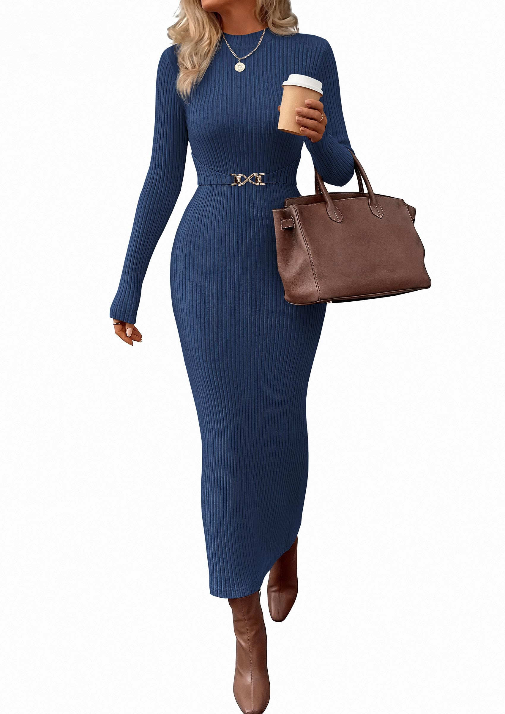 Women's Long Sleeve Bodycon Maxi Sweater Dress Navy Blue,XS