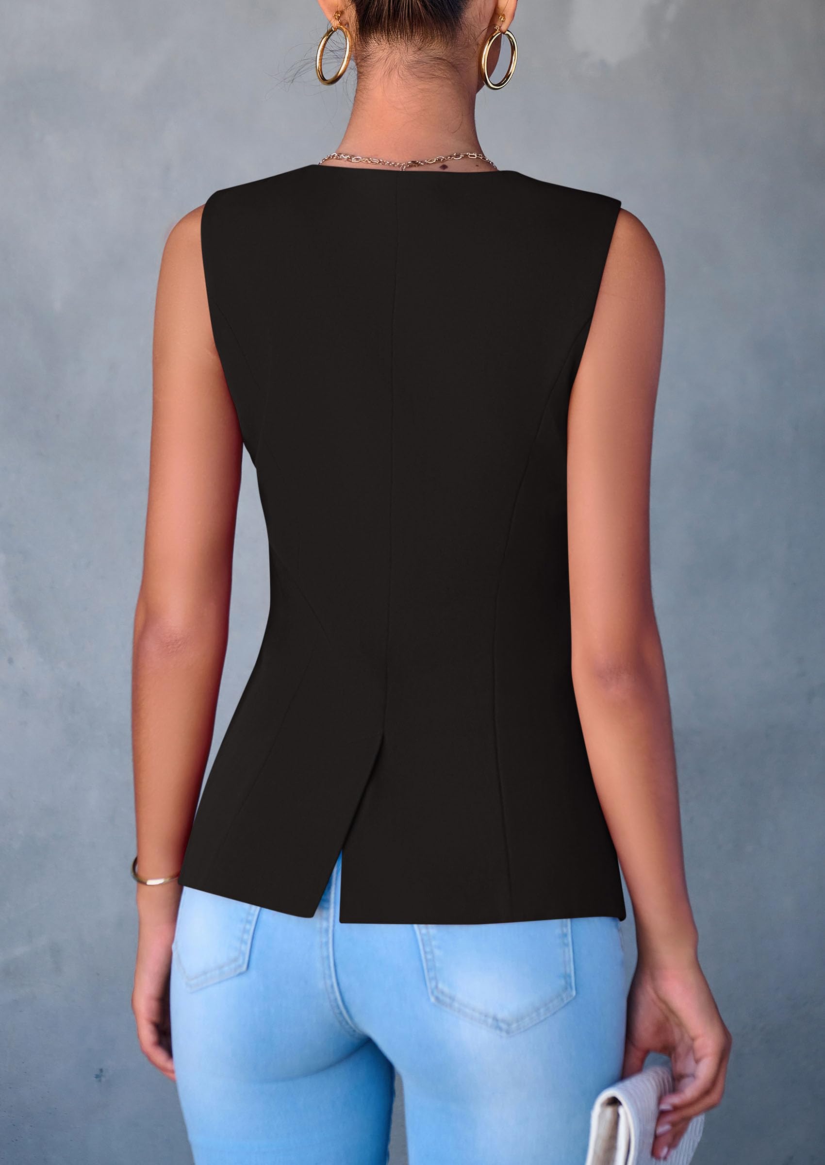 Women Tailored Suit Vest Business Casual Tops, Black,S