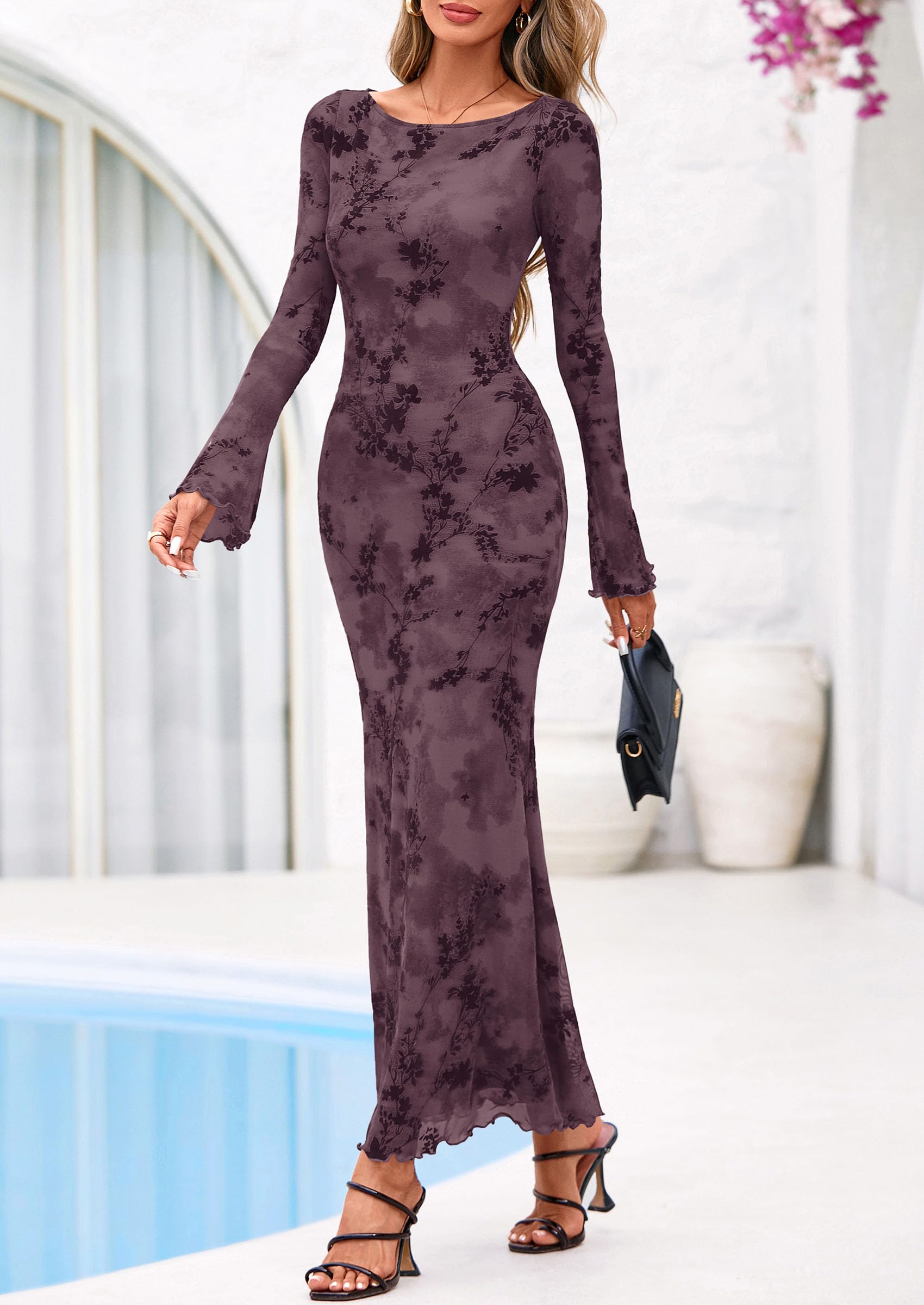 Women's Floral Bodycon Maxi Dress Wedding Guest Dresses