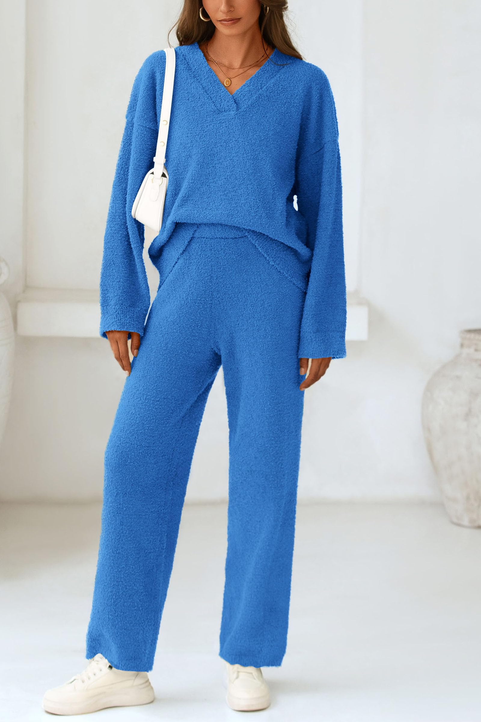 Lounge Sets for Women Fall 2 Piece Fuzzy Sweater Pajama Set