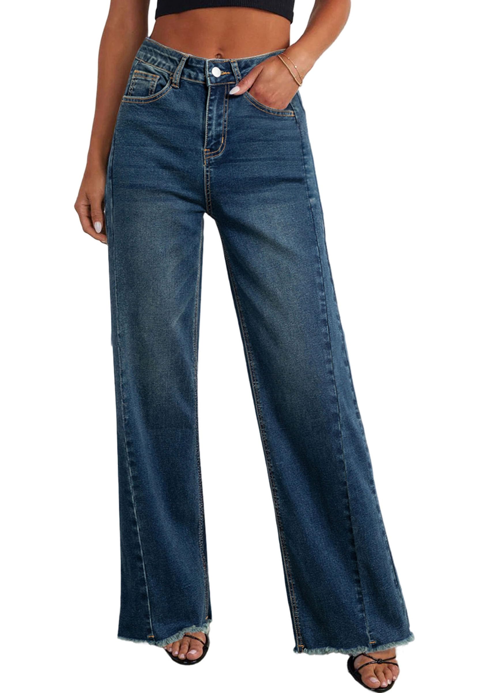 Women's Wide Leg Jeans Raw Hem Denim Pants,Vintage Blue,4