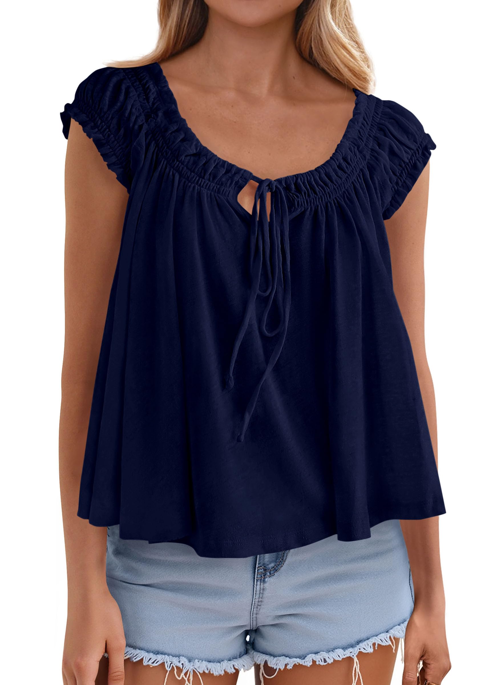 Womens Summer Tank Tops Babydoll Peplum Blouses,Navy Blue,XS