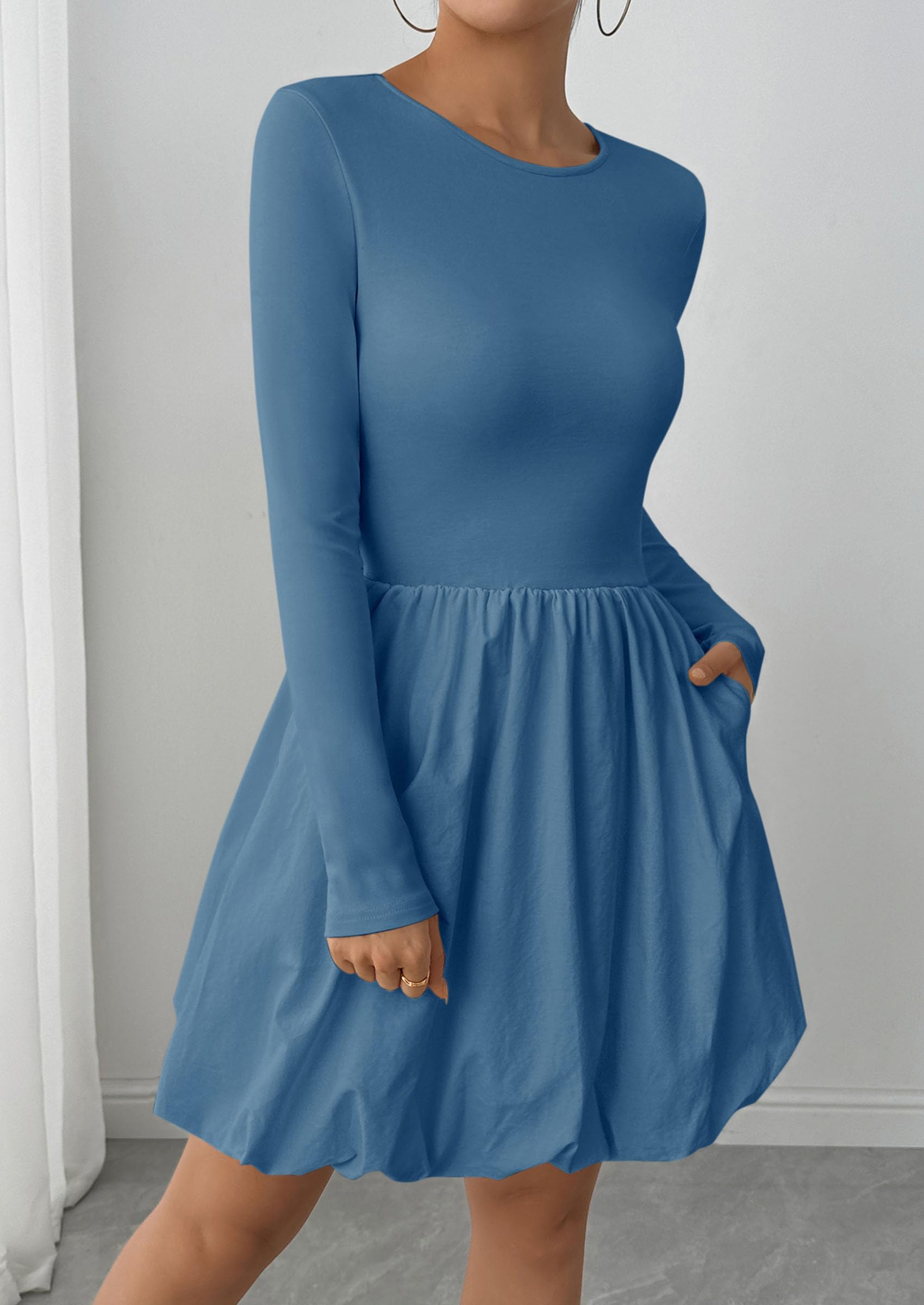 Fall Dresses for Women 2026 Bubble Mini Dress,Grey Blue,S