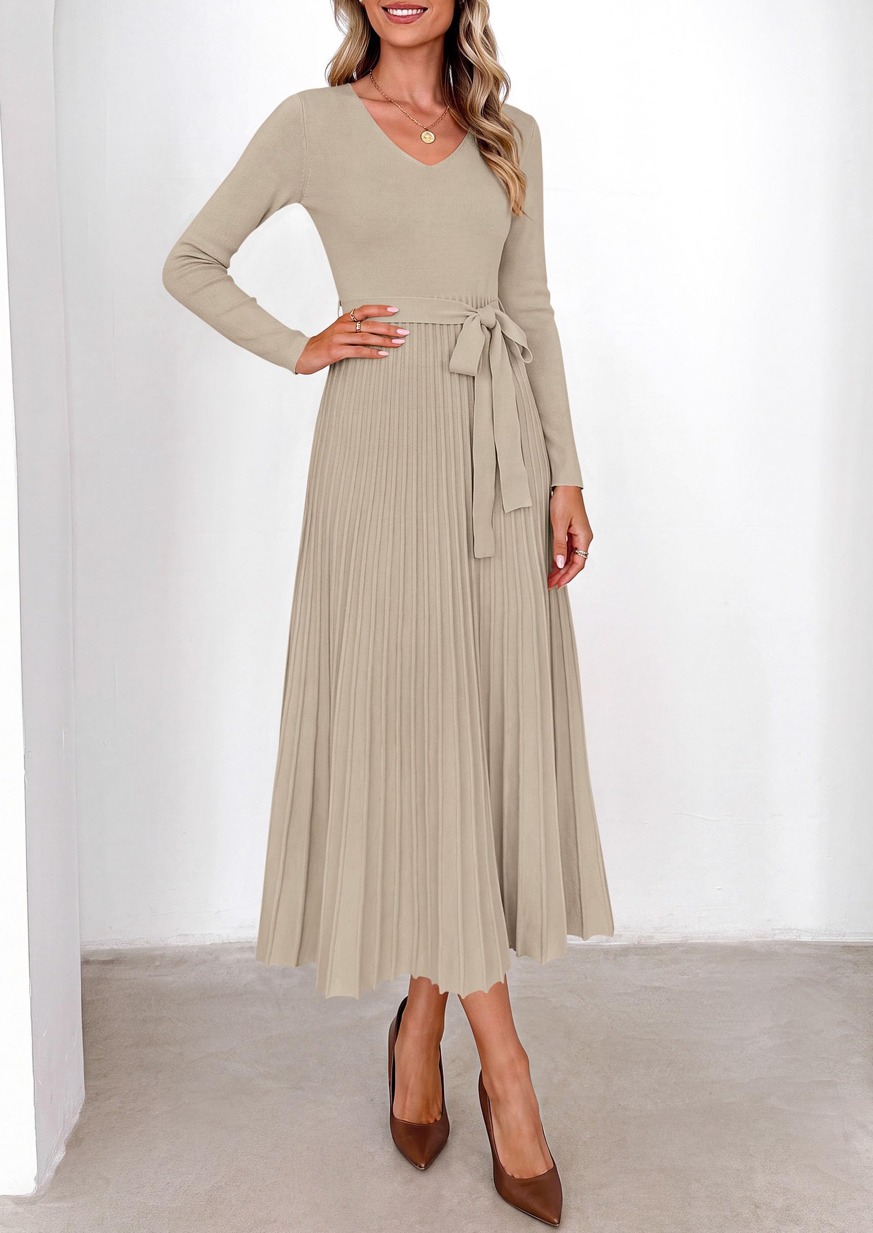 Womens Fall Maxi Long Sleeve Sweater Dress,Light Khaki,S