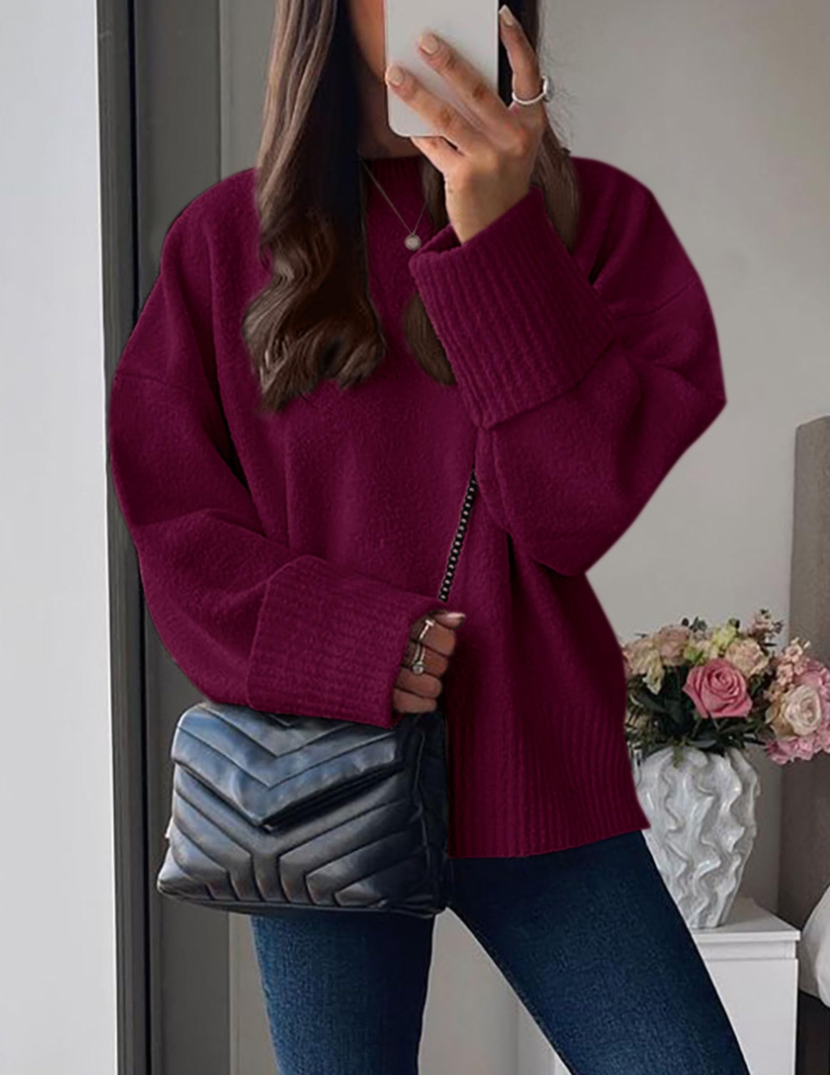 Women's Fall Fashion Cozy Oversized Sweaters(Wine Red,XS)