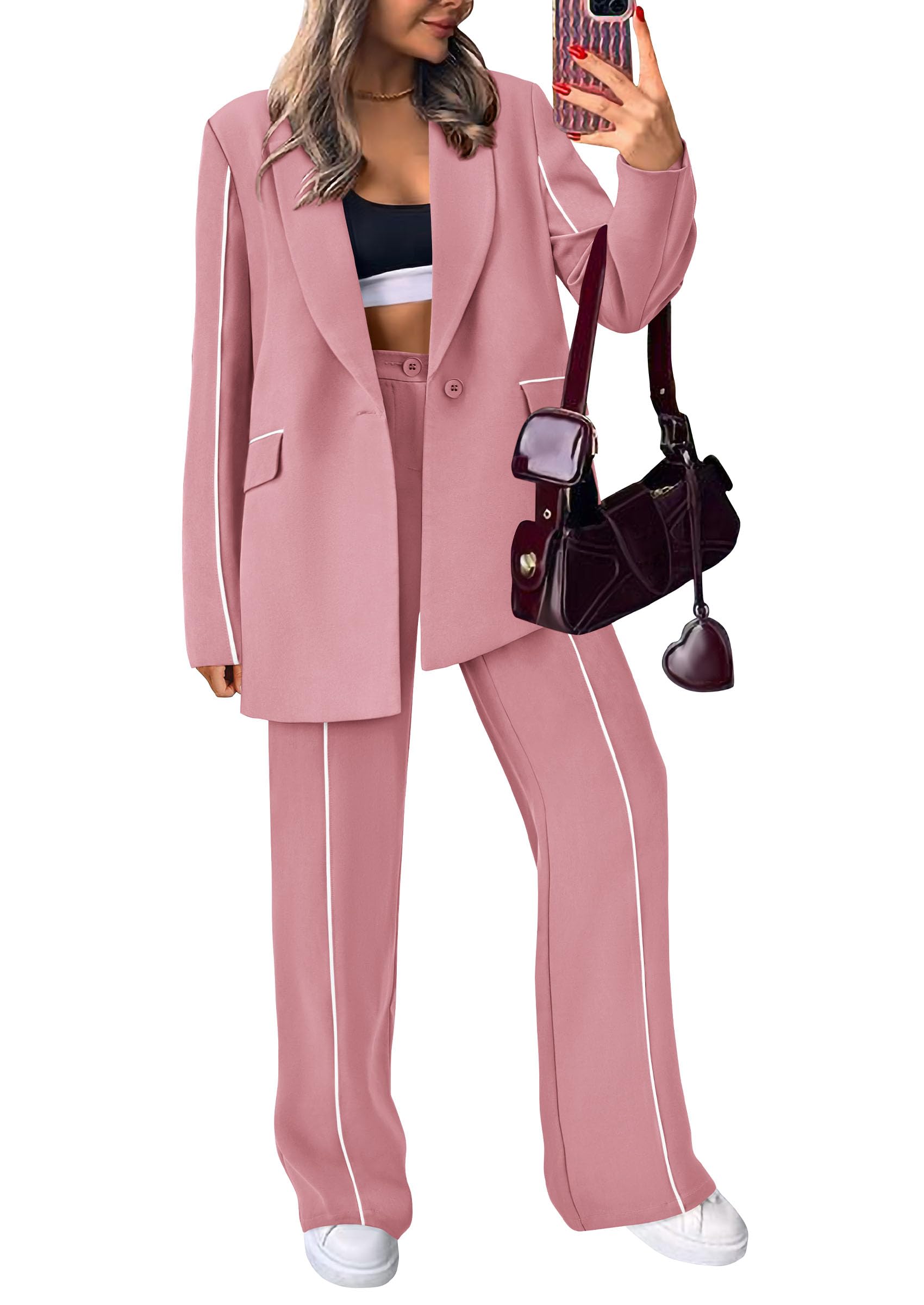 Women's 2 Piece Blazer Business Casual Outfits(Pink,S)