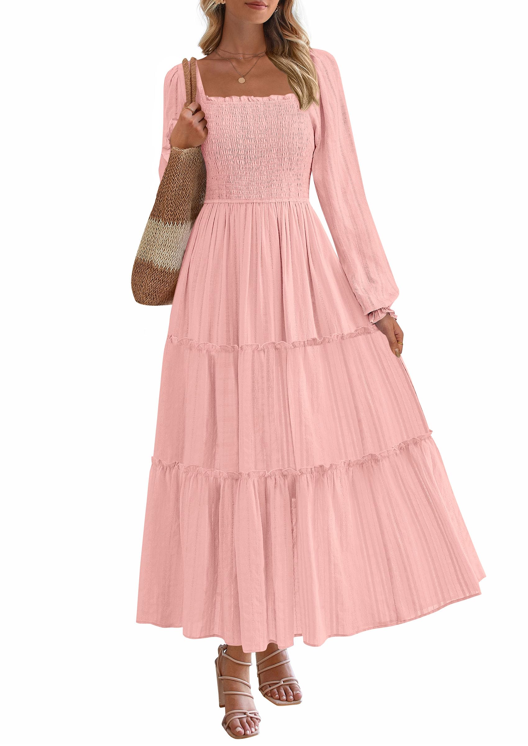 Women's Long Sleeve Ruffle Flowy Maxi Dress,Pink,S