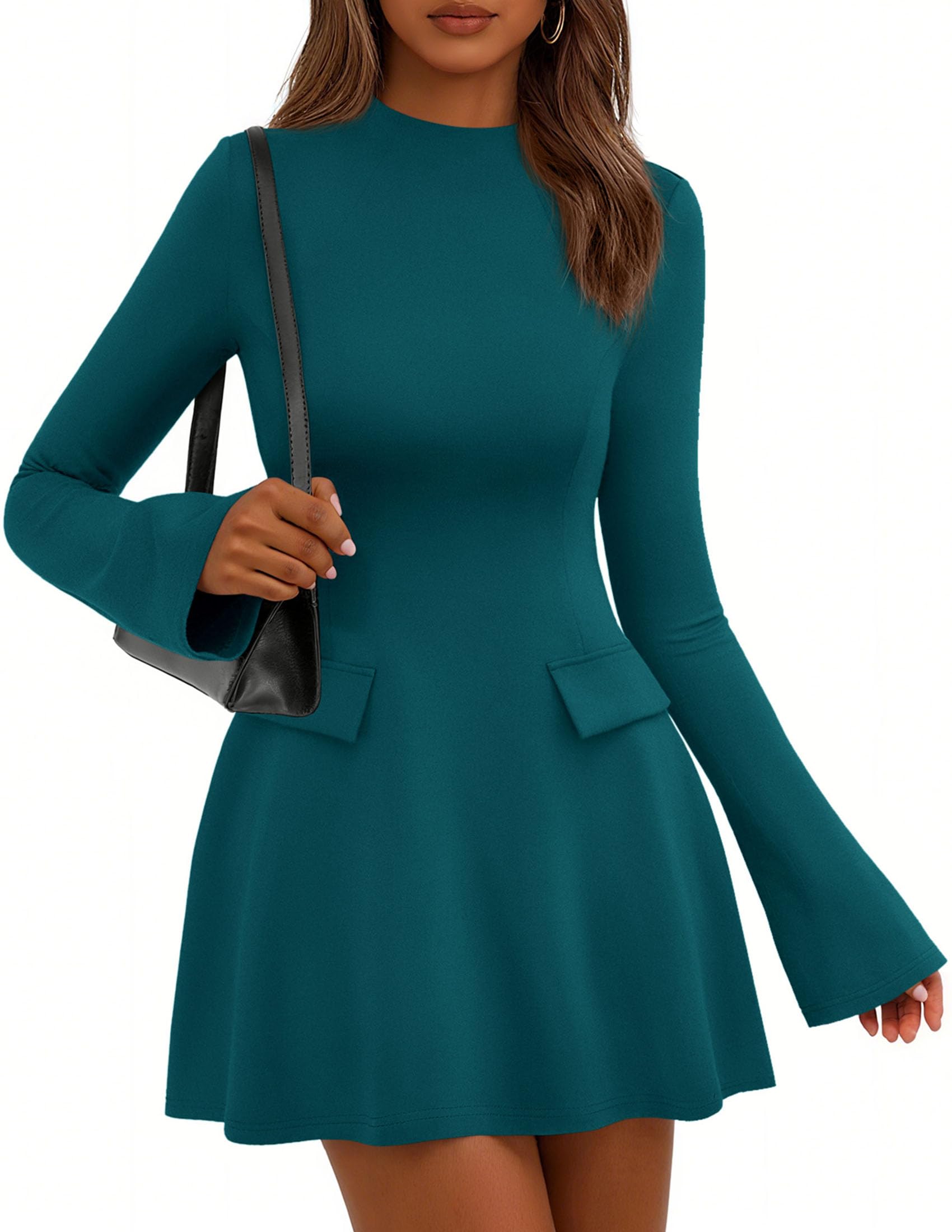 Women's Fall Bell Sleeve Short Dress,Blue Green,XS