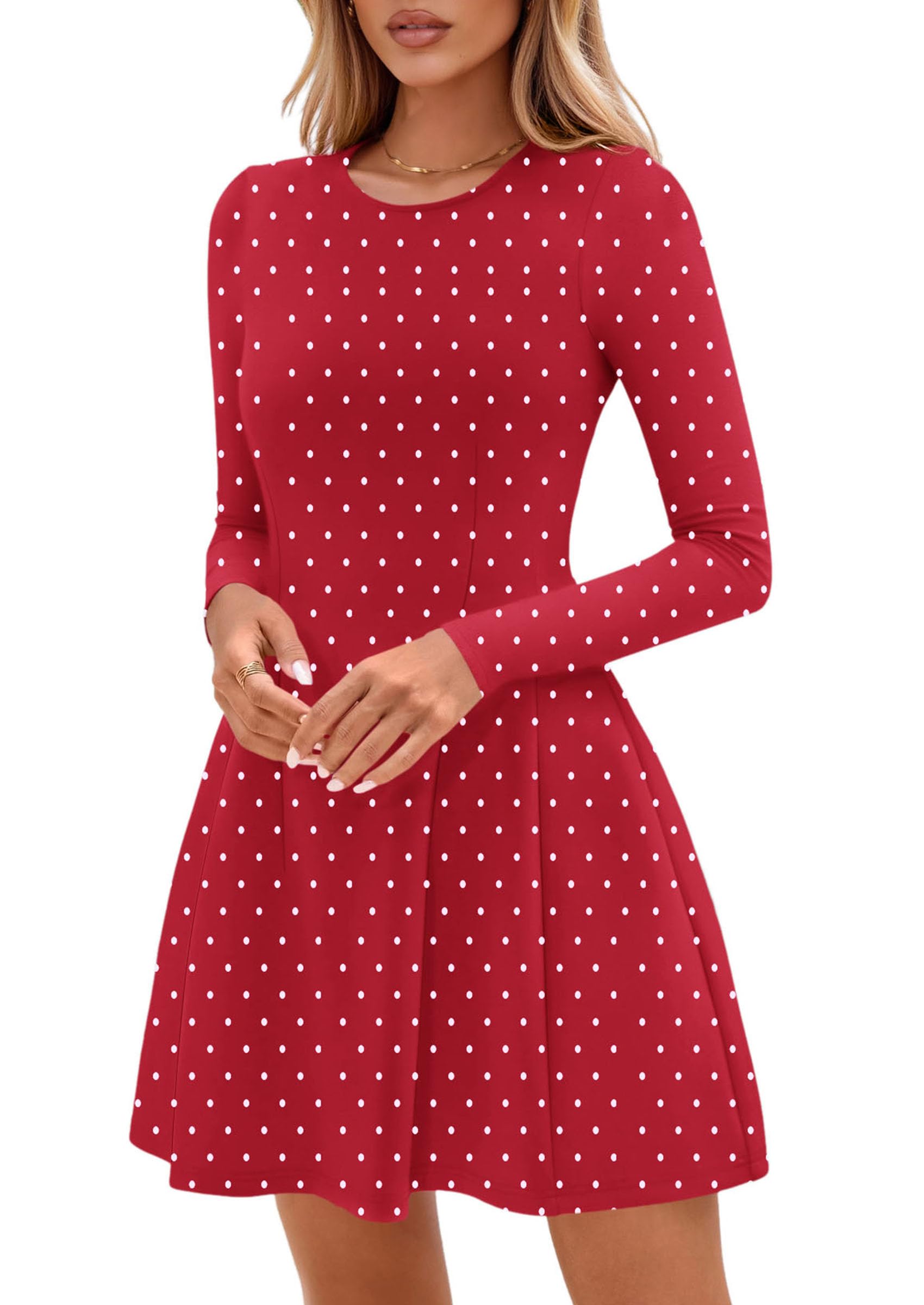Womens Long Sleeve Pleated Mini Dress,Dot Red White,XS