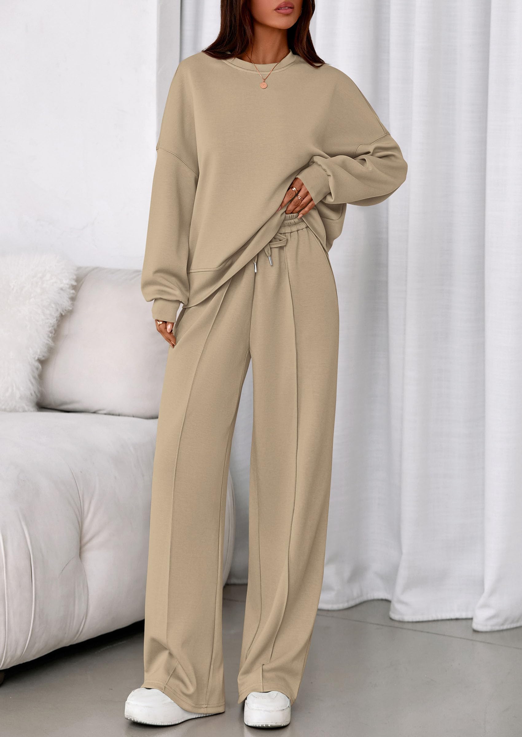 Womens Long Sleeve Sweatshirt 2 Piece Sets,Light Khaki,S