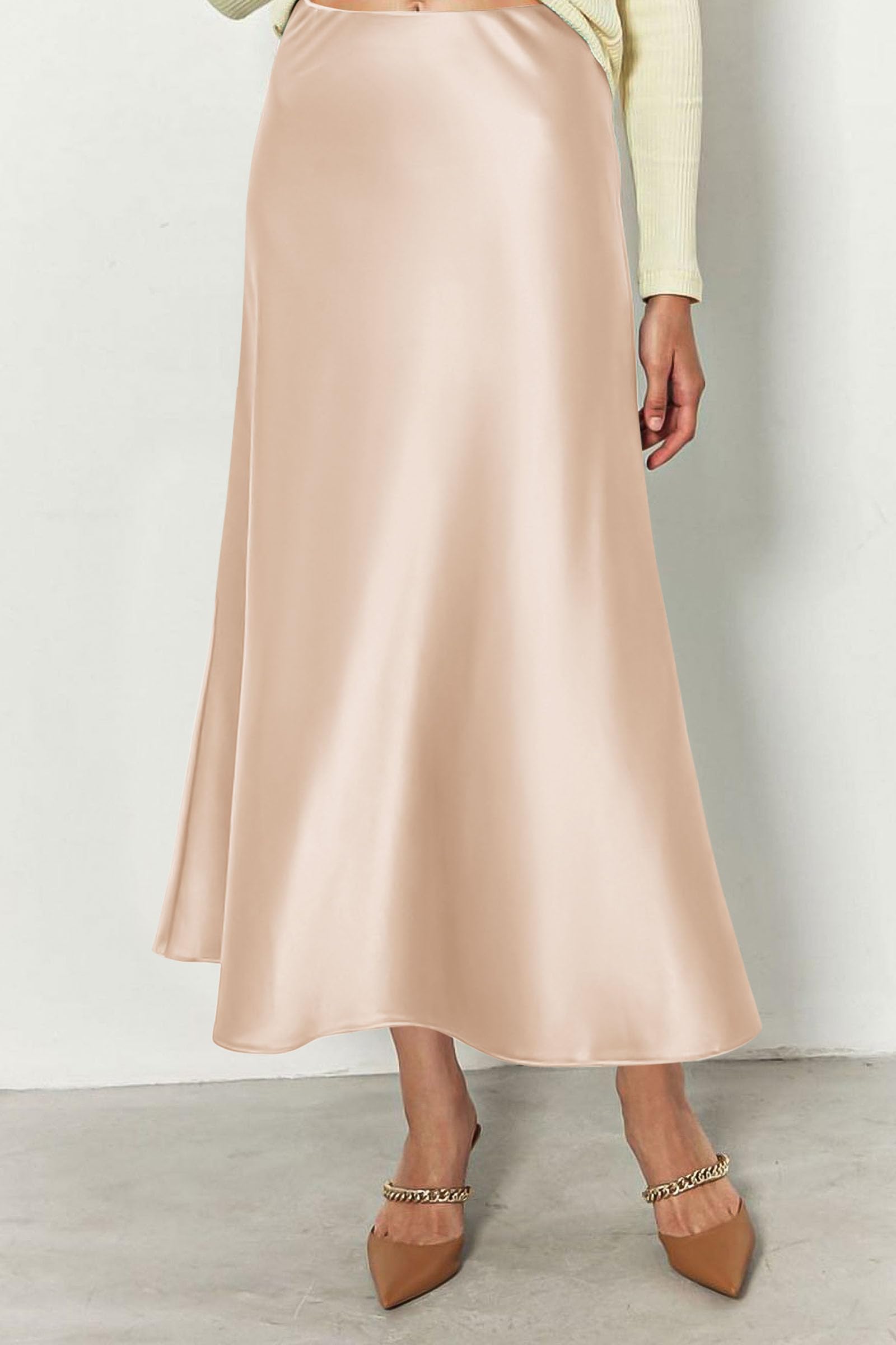 Women's Satin Midi Skirts Dressy Casual,Beige,S