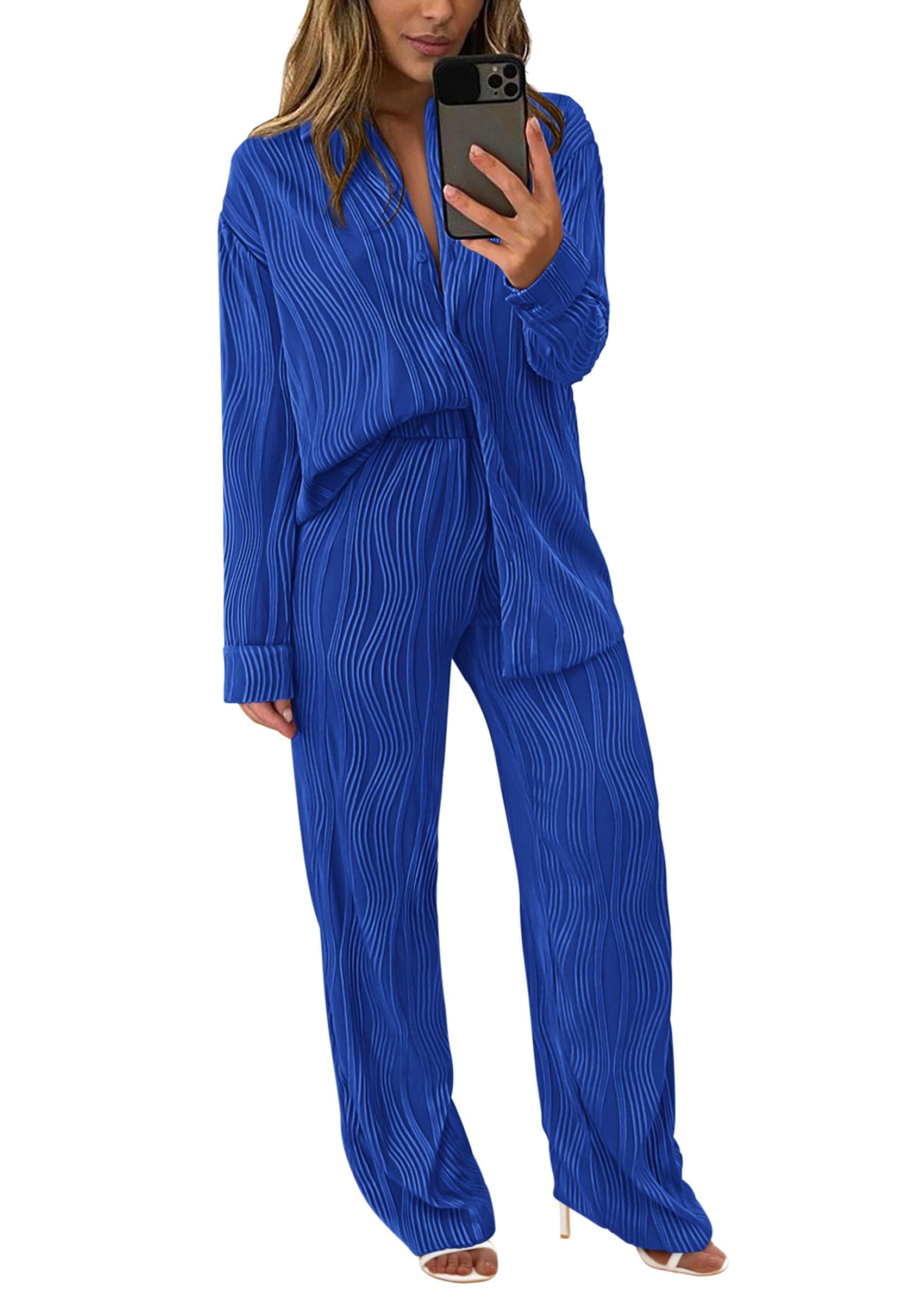 Womens 2 Piece Sets Button Down Lounge Tracksuit,Blue,S