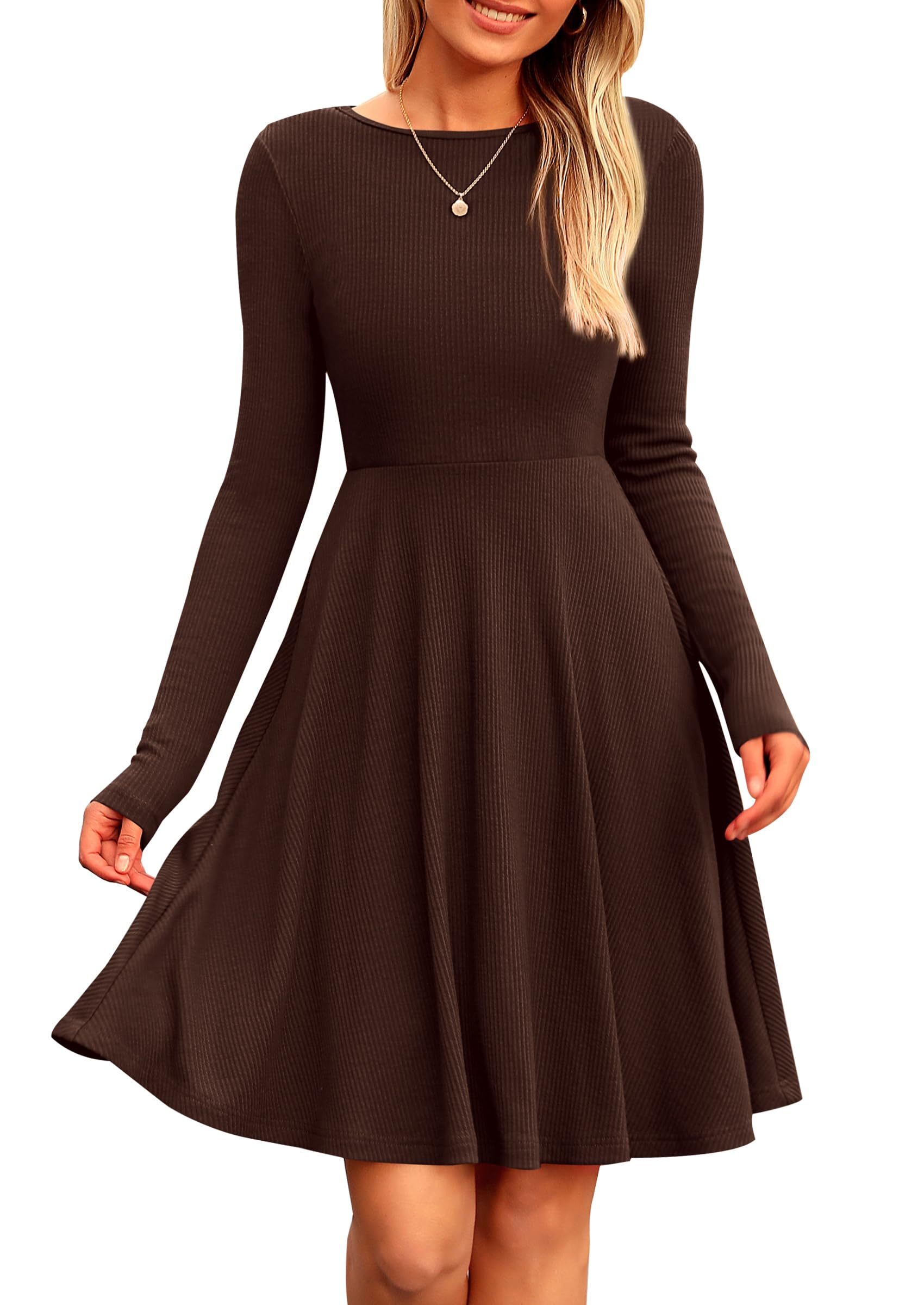 Women's Fall Casual Long Sleeve Short Dress (Dark Coffee,S)