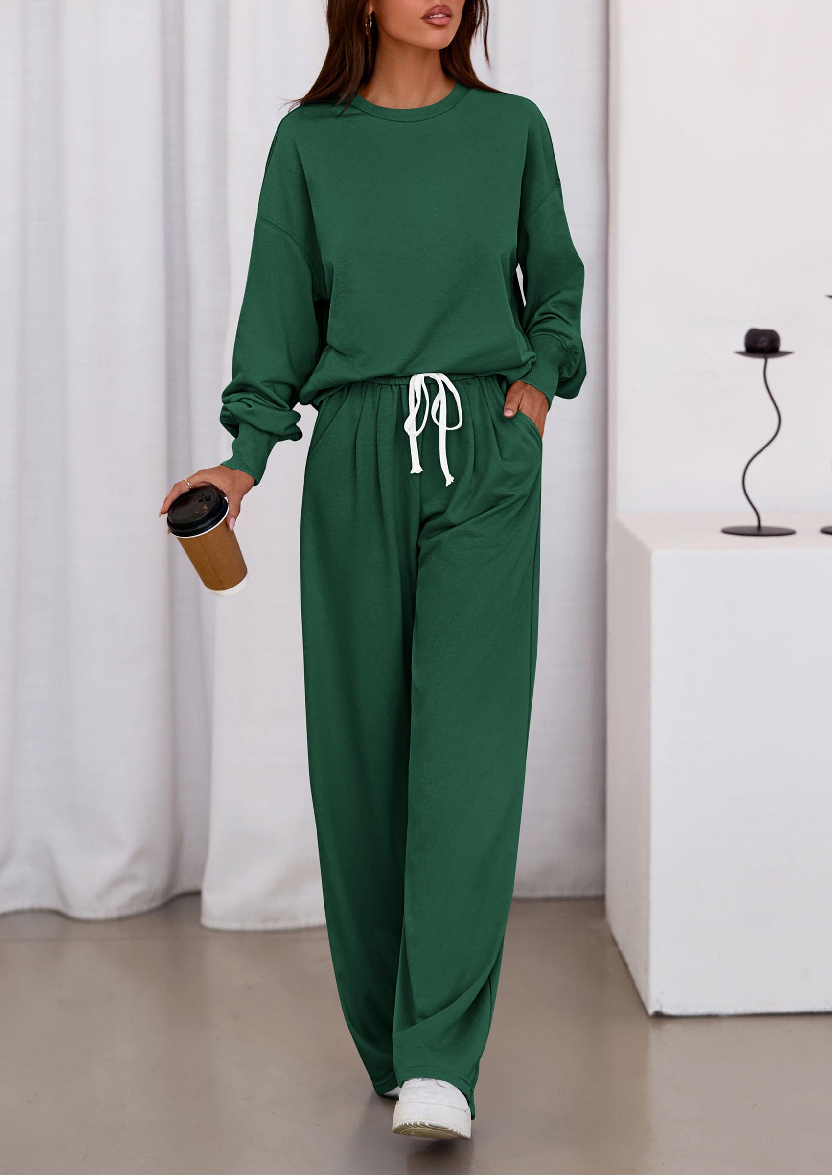 Womens Loose Fit Casual 2 Piece Lounge Set,Dark Green,S