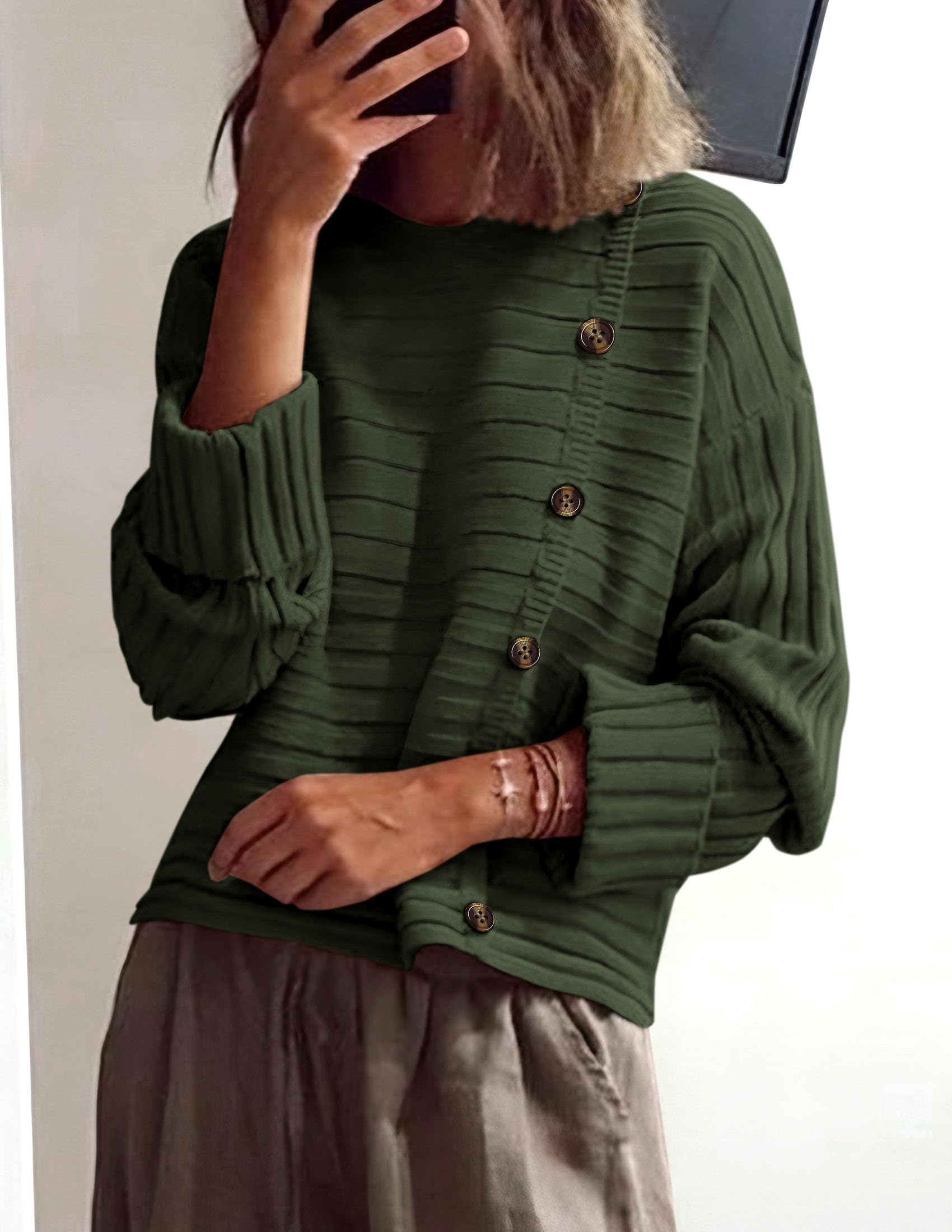 Womens Asymmetric Button Long Sleeve Sweater,Army Green,S