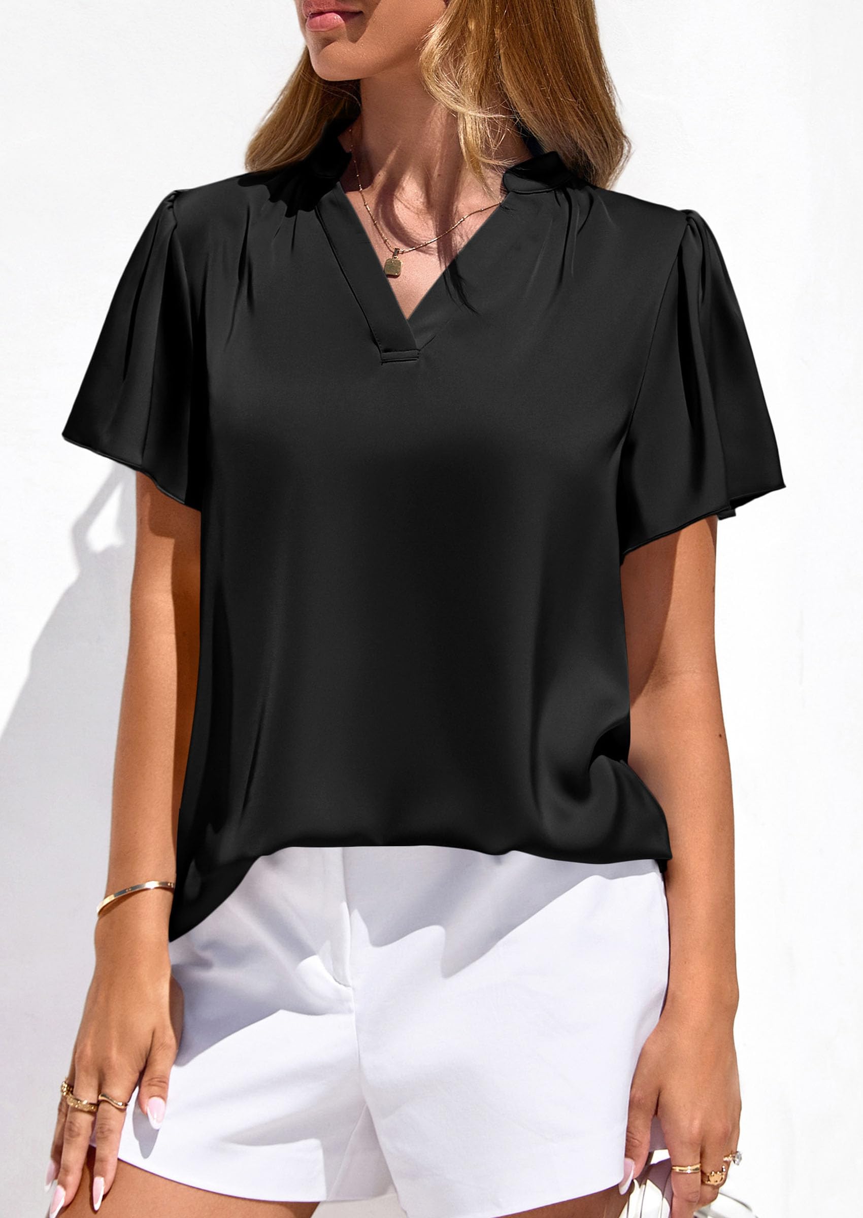 Women's Summer Satin Dressy Casual Blouses (Black,S)