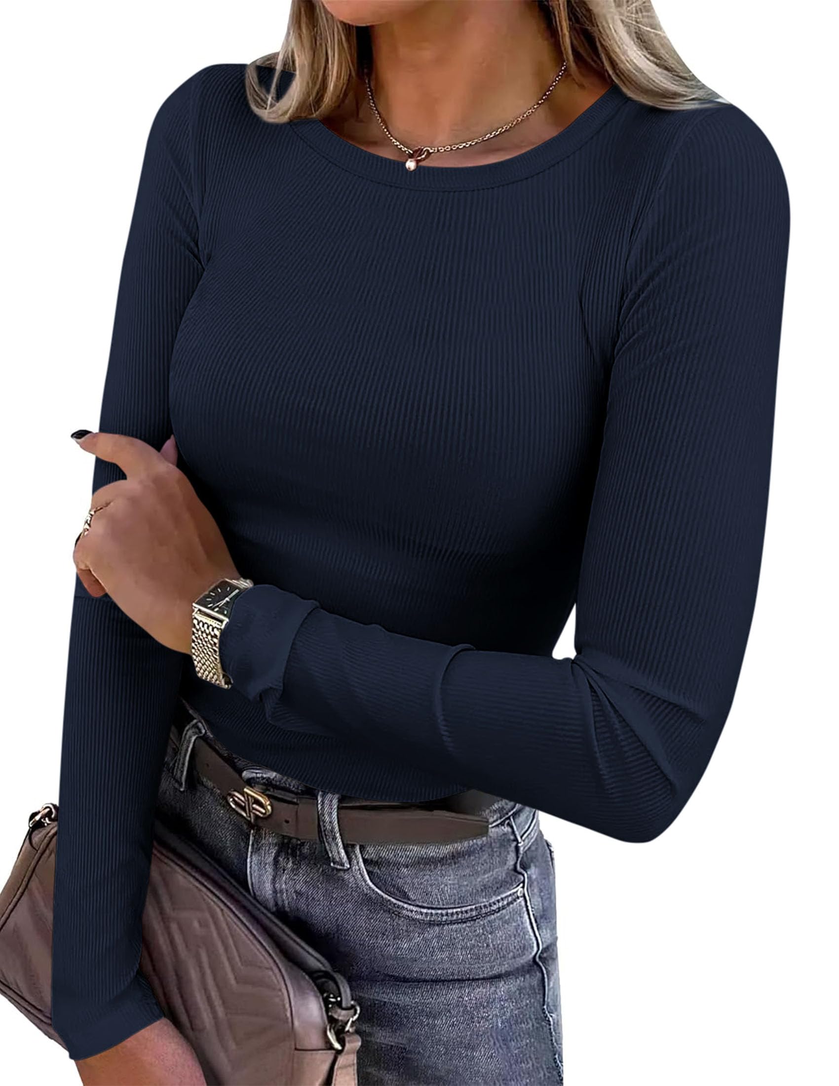 Women's Fall Long Sleeve Shirts Basic Tees (Navy Blue,XS)