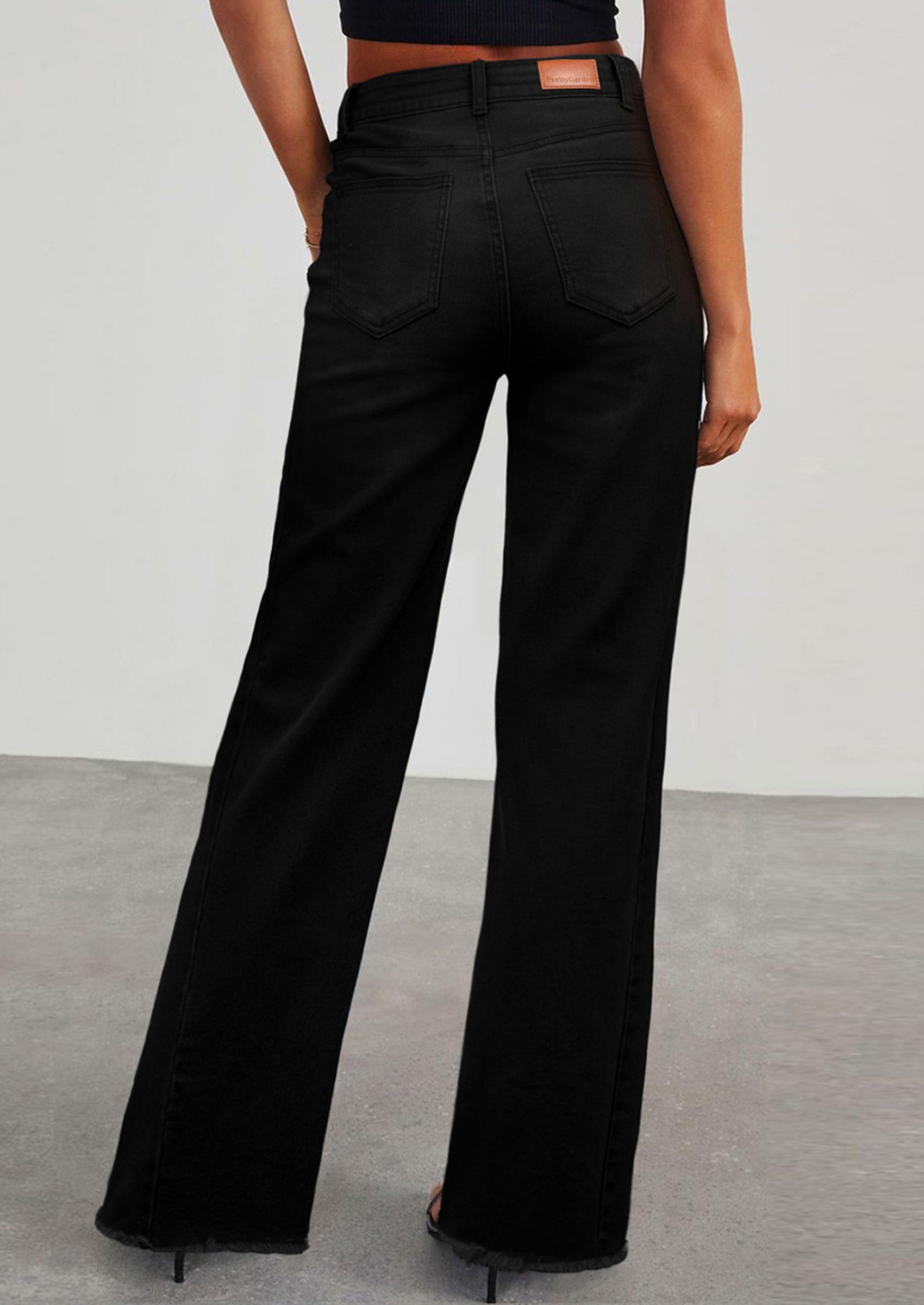 Women's Wide Leg Jeans Raw Hem Denim Pants,Solid Black,4