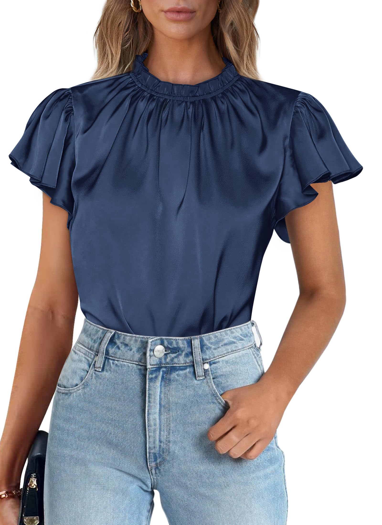 Women's Satin Tops Business Casual Work Blouses, Navy,S