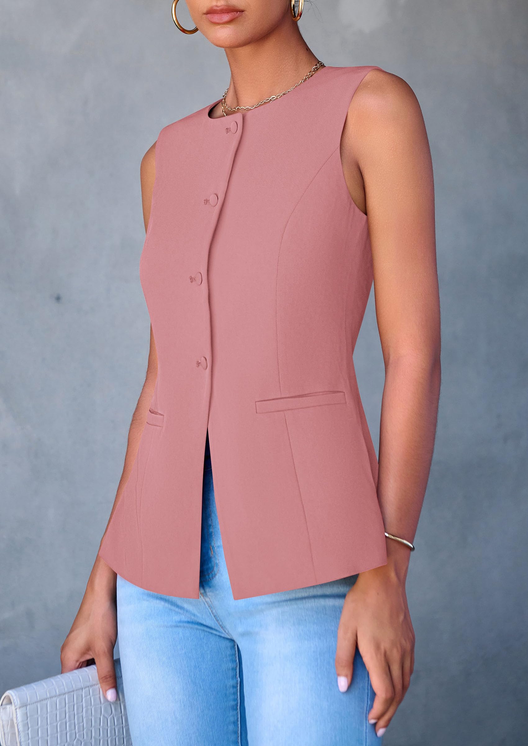 Women Tailored Suit Vest Business Casual Tops, Dark Pink,M