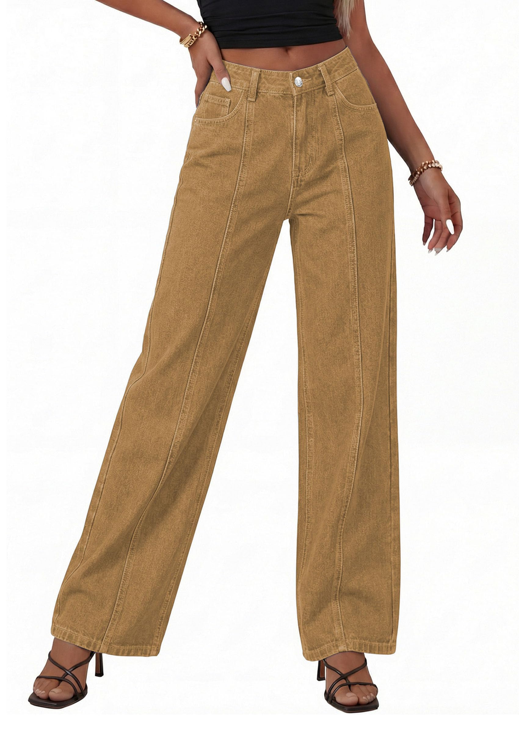 Women's Wide Leg Jeans Stretchy Baggy Denim Pants,Camel,4
