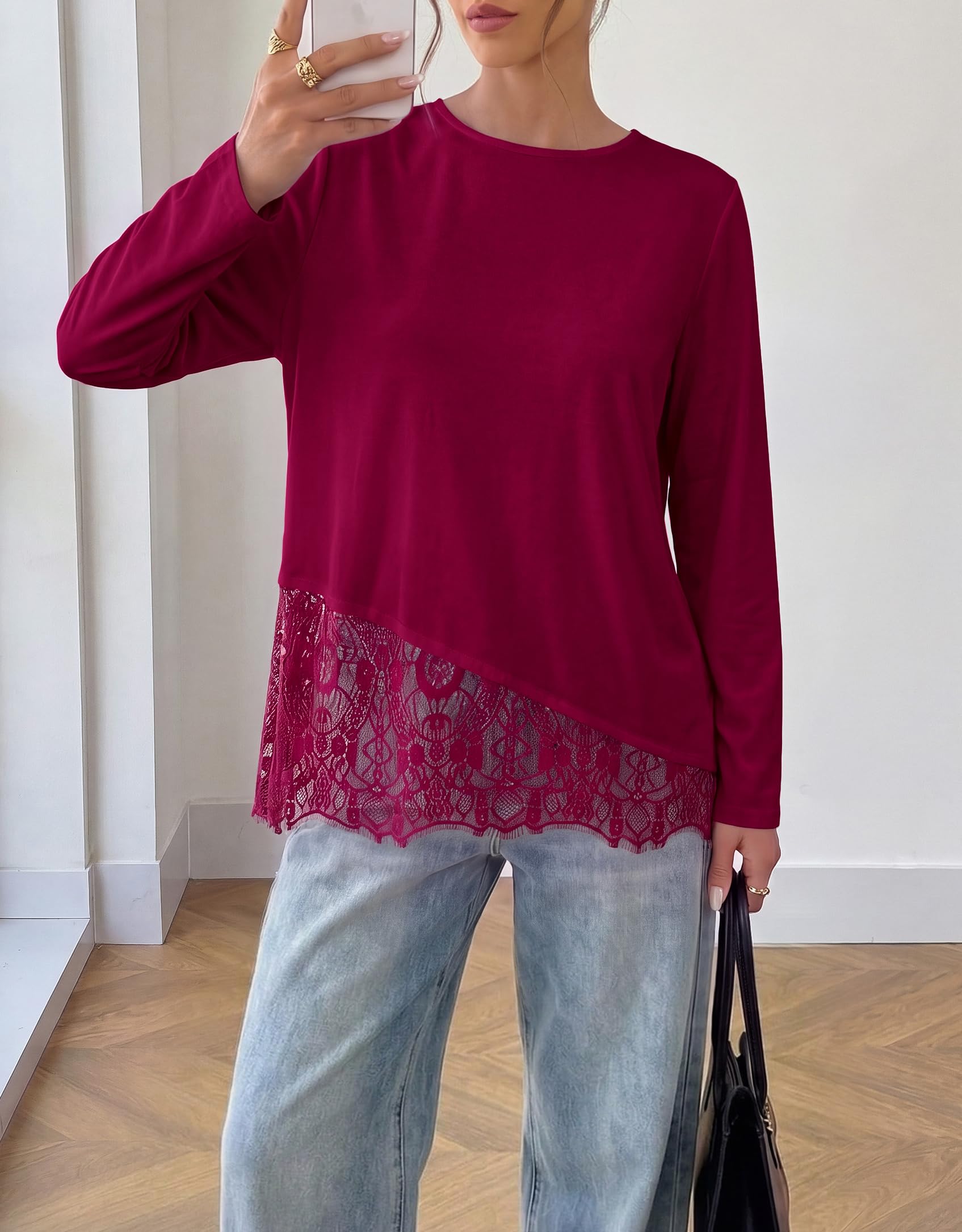 Women's Lace Patchwork Long Sleeve Shirts,Wine Red,S