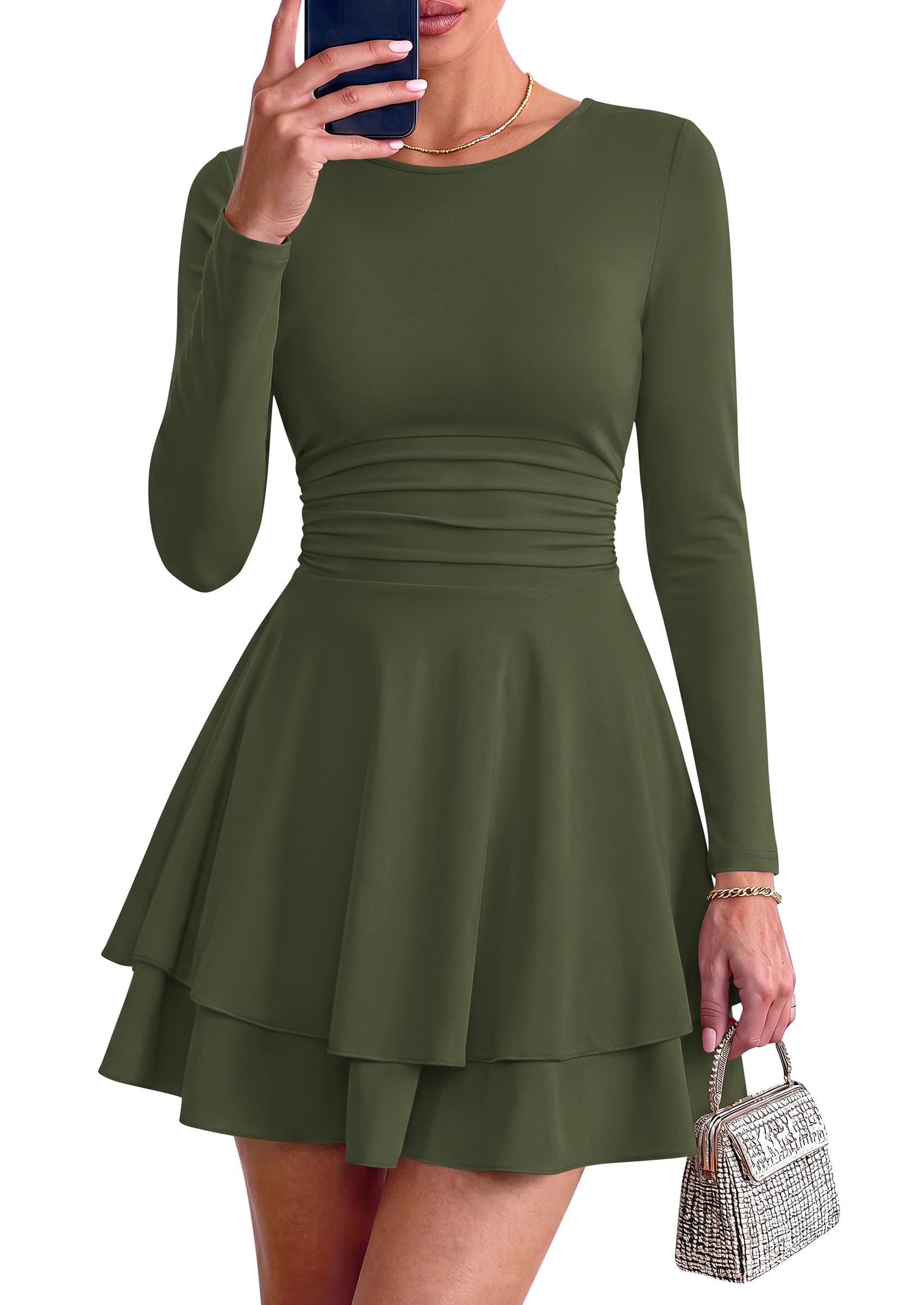 Womens Fit and Flare Crewneck Long Sleeve Mini Dress