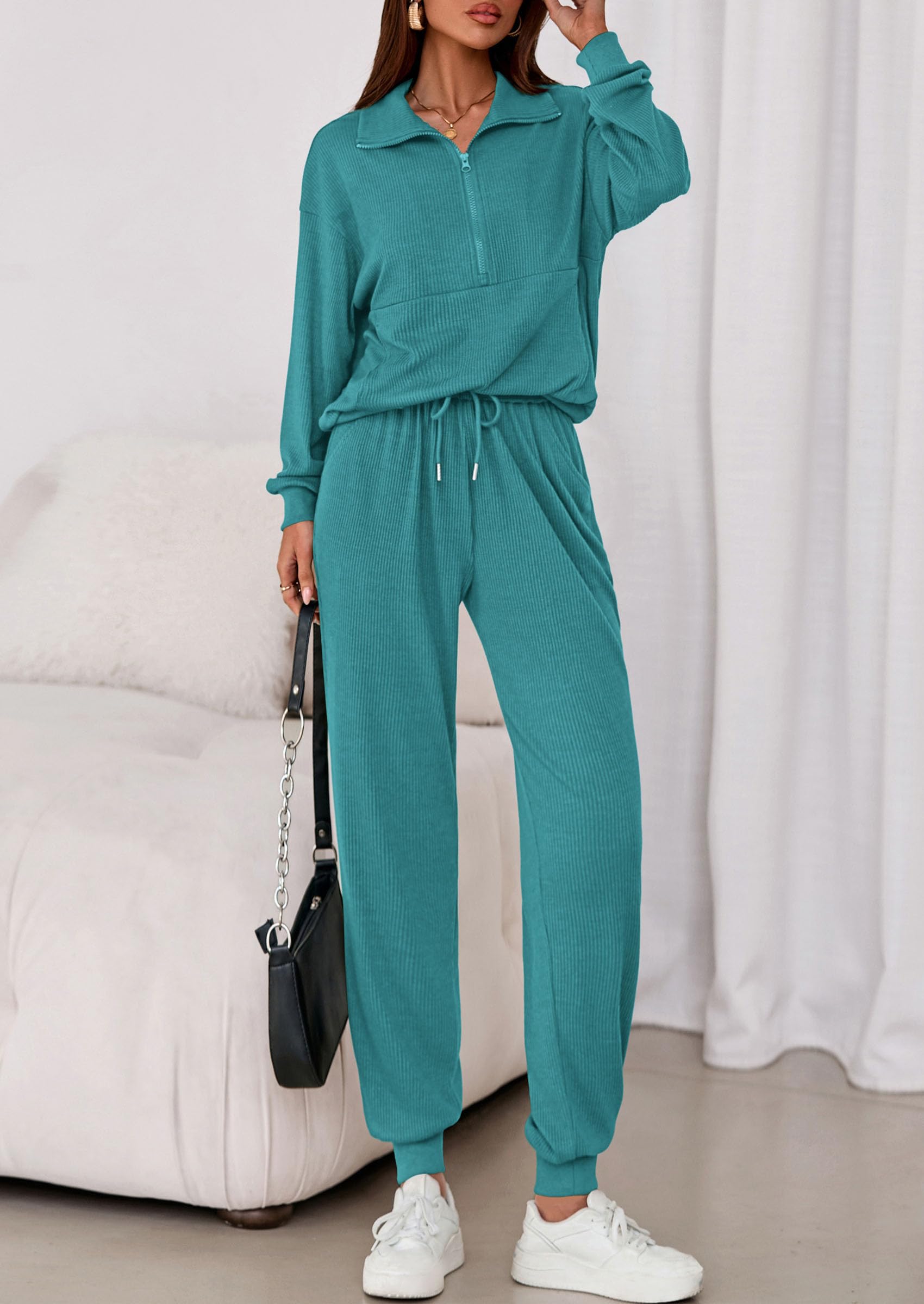 Airport Travel Outfit Women Ribbed Knit Matching Lounge Sets