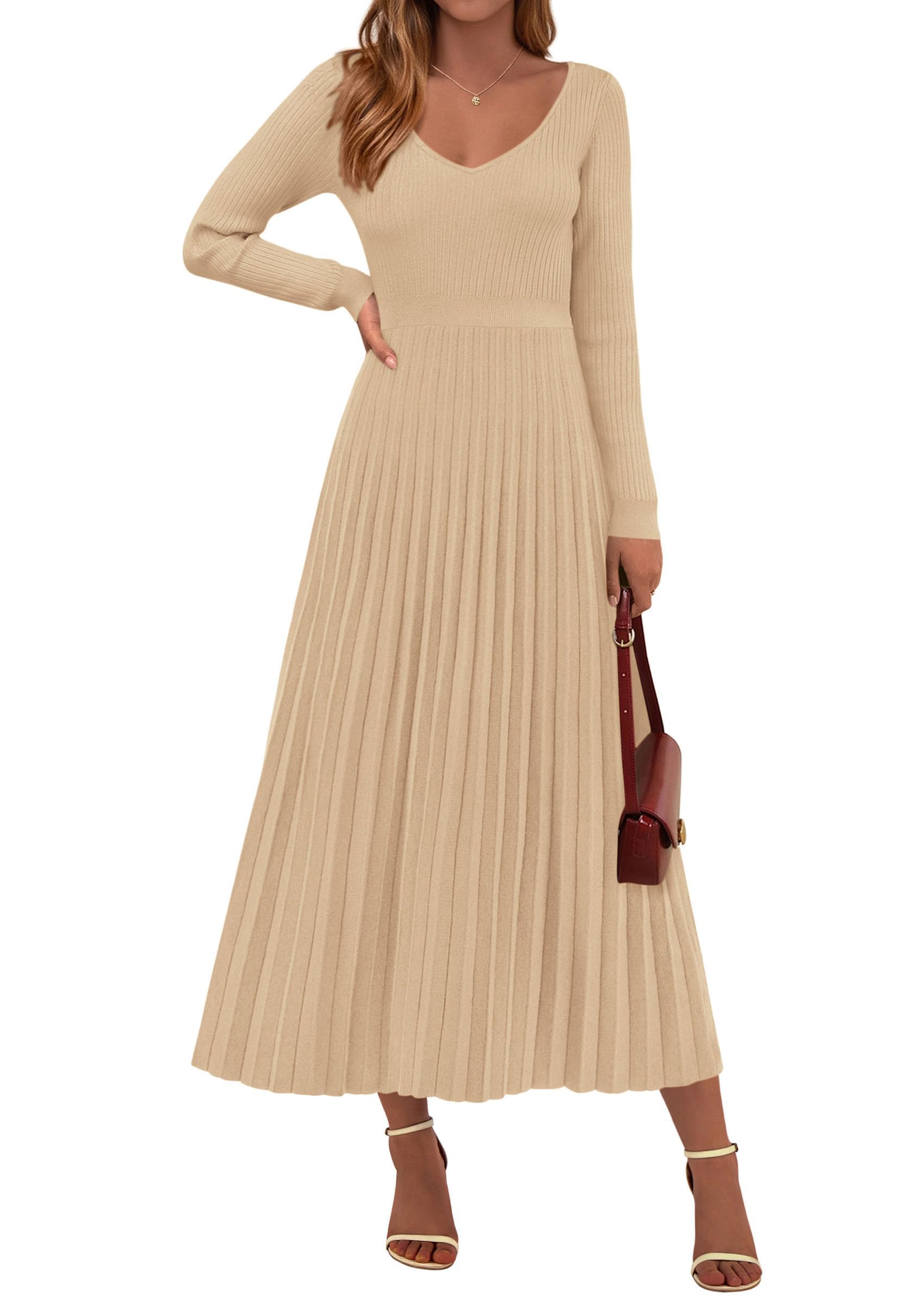 Sweater Dress Women Long Sleeve Maxi Flowy Pleated Dresses