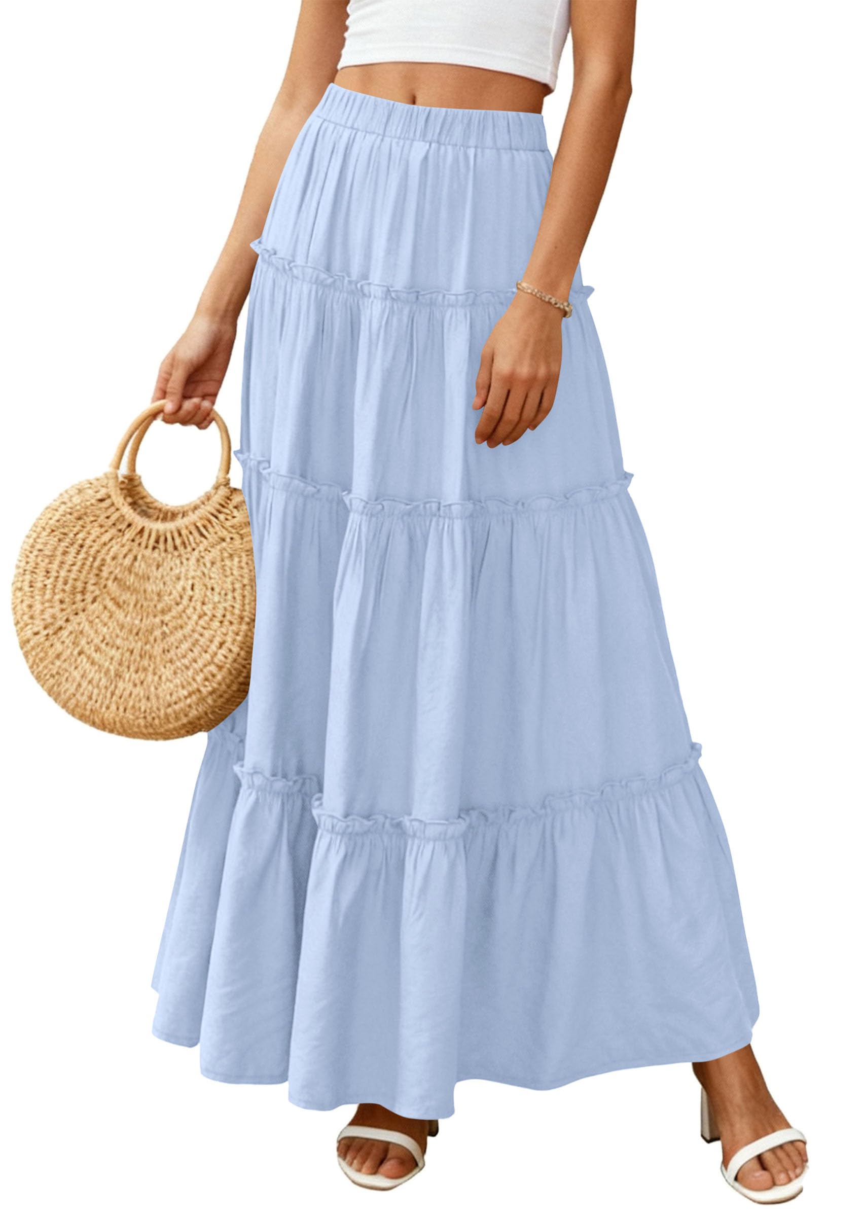Women's Boho Tiered Ruffle Flowy Maxi Skirt, Sky Blue,S