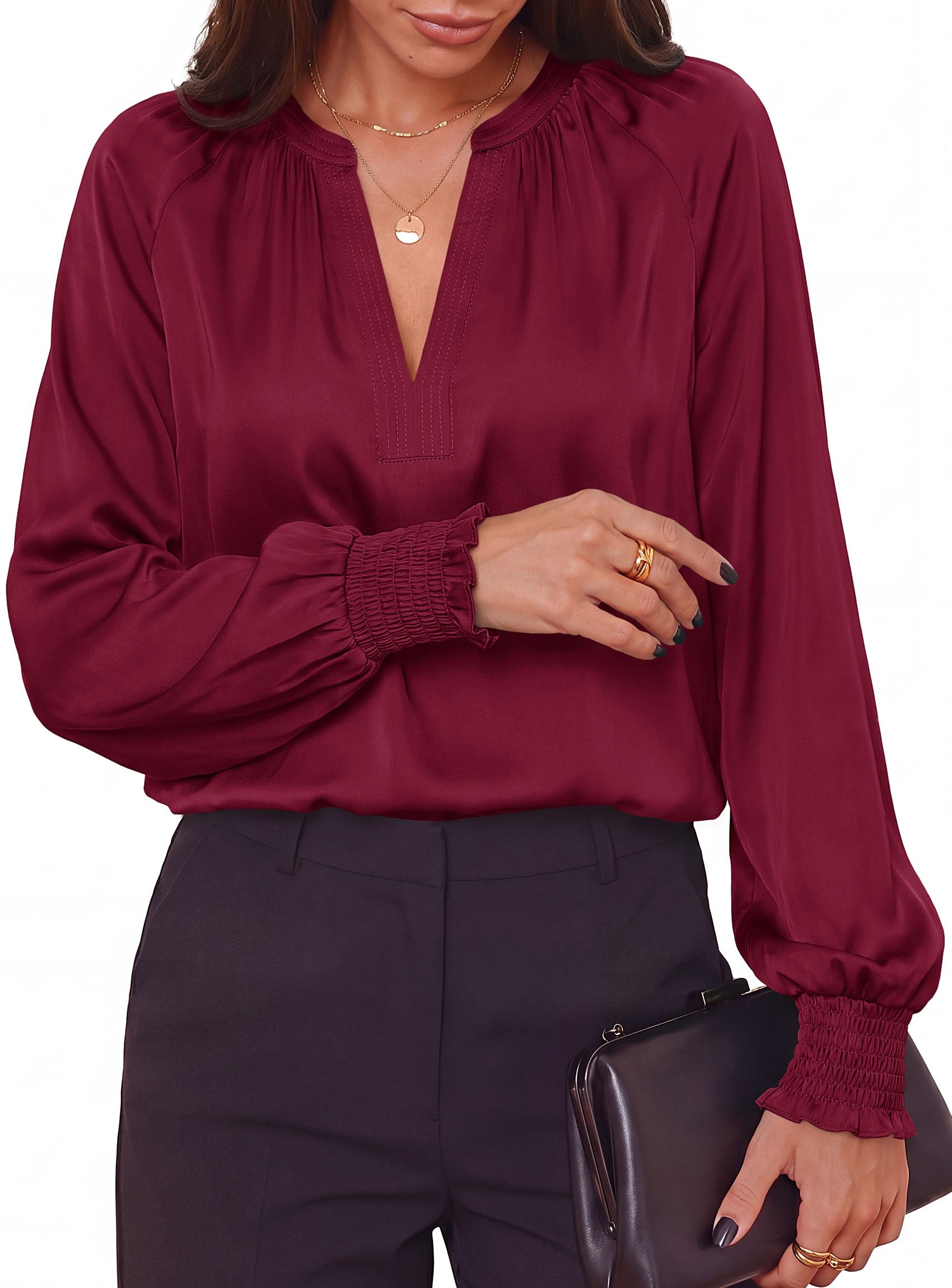 Women's Satin Blouses V Neck Long Sleeve Tops,Burgundy,S