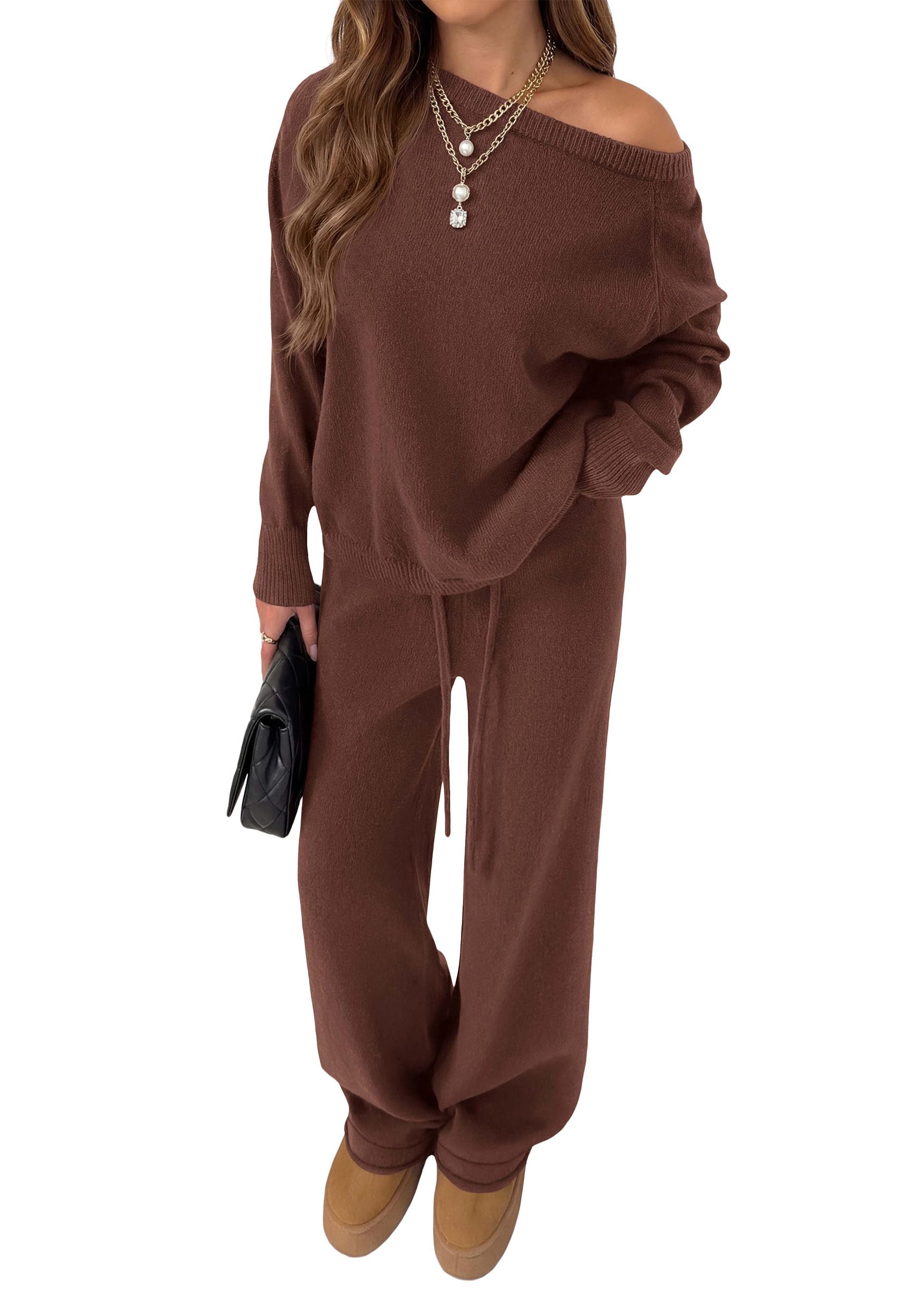 Lounge Sets Womens Sweaters Two Piece Outfits (Brown,L)