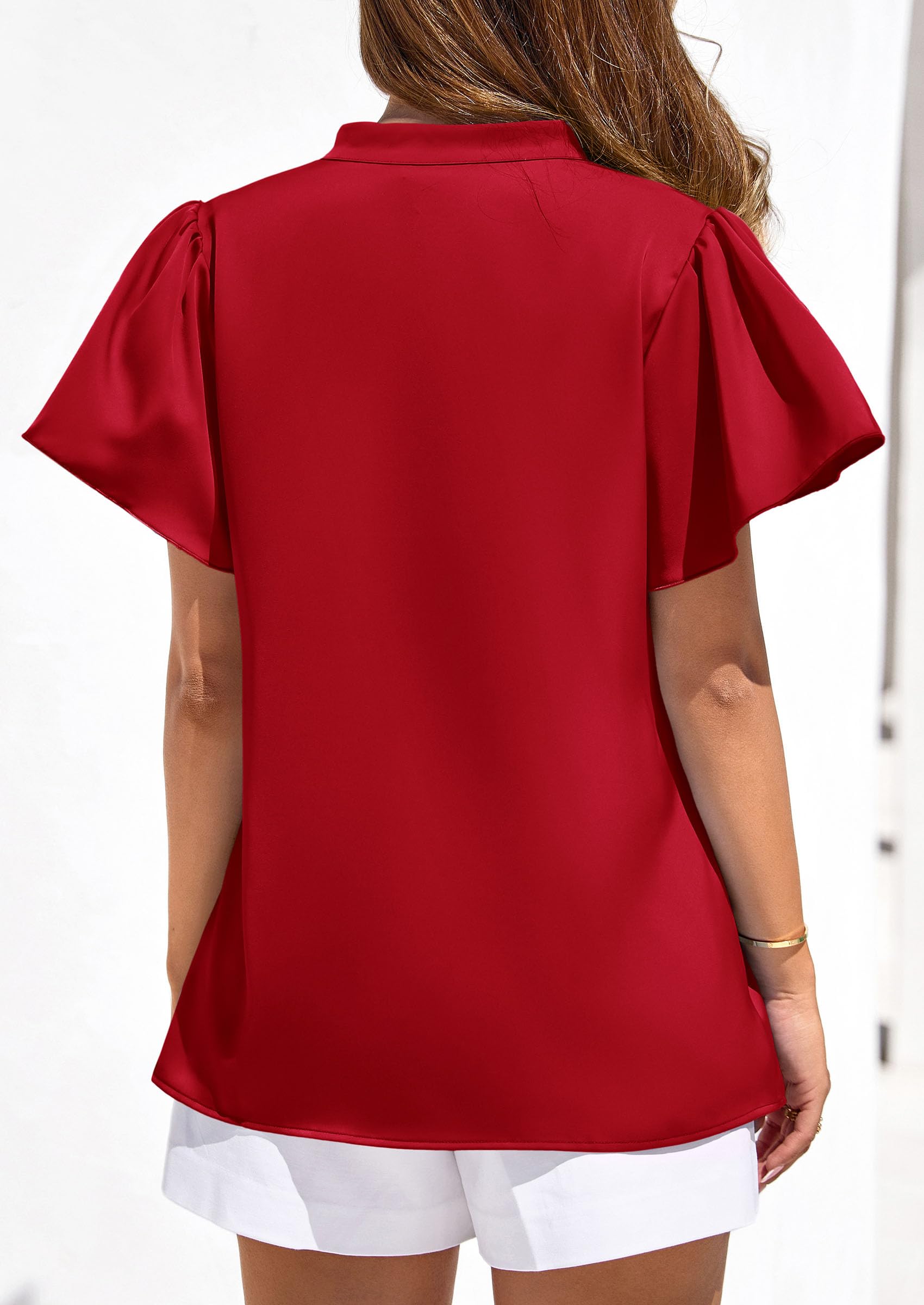 Women's Summer Satin Dressy Casual Blouses (Red,S)