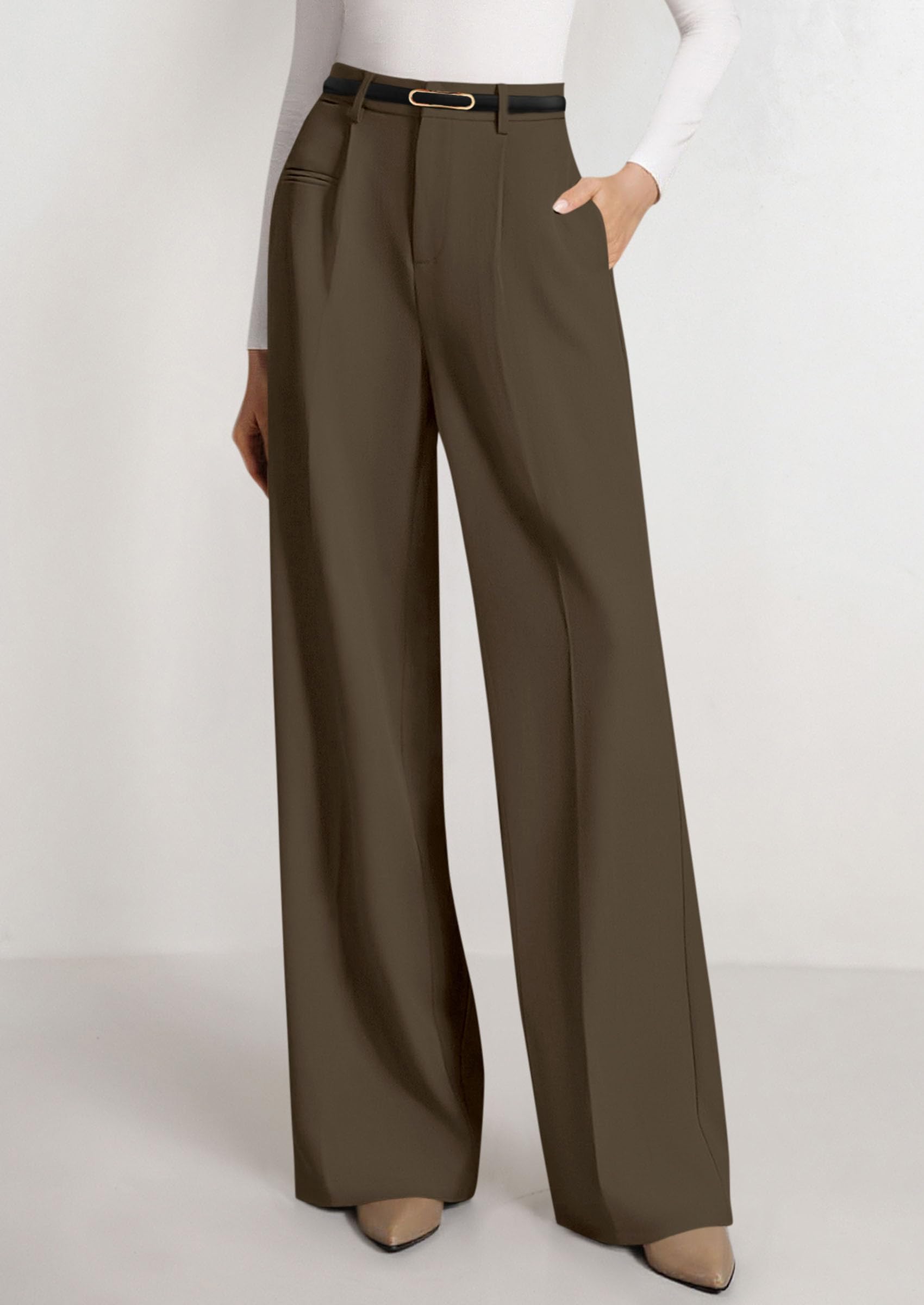 Women's Tailored Wide Leg Work Dress Pants,Coffee,S