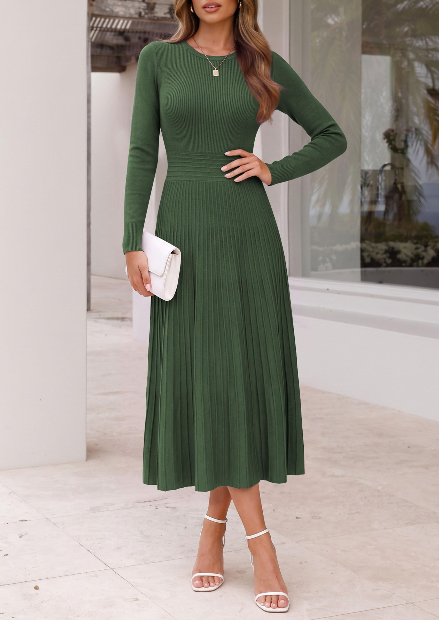 Women's Long Sleeve Knit Maxi Sweater Dress,Army Green,S