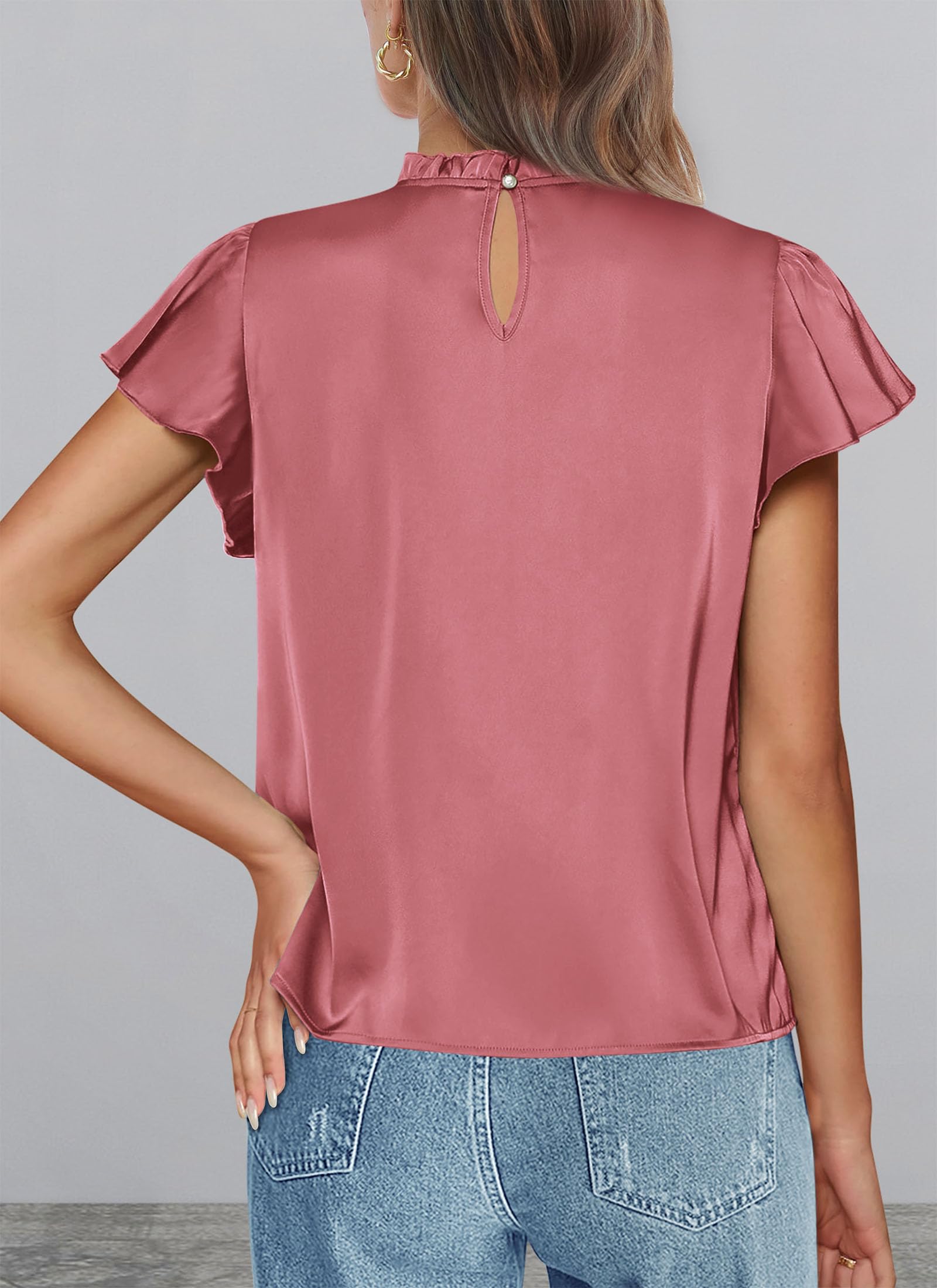 Women's Satin Tops Business Casual Work Blouses, Dusty Pink,S