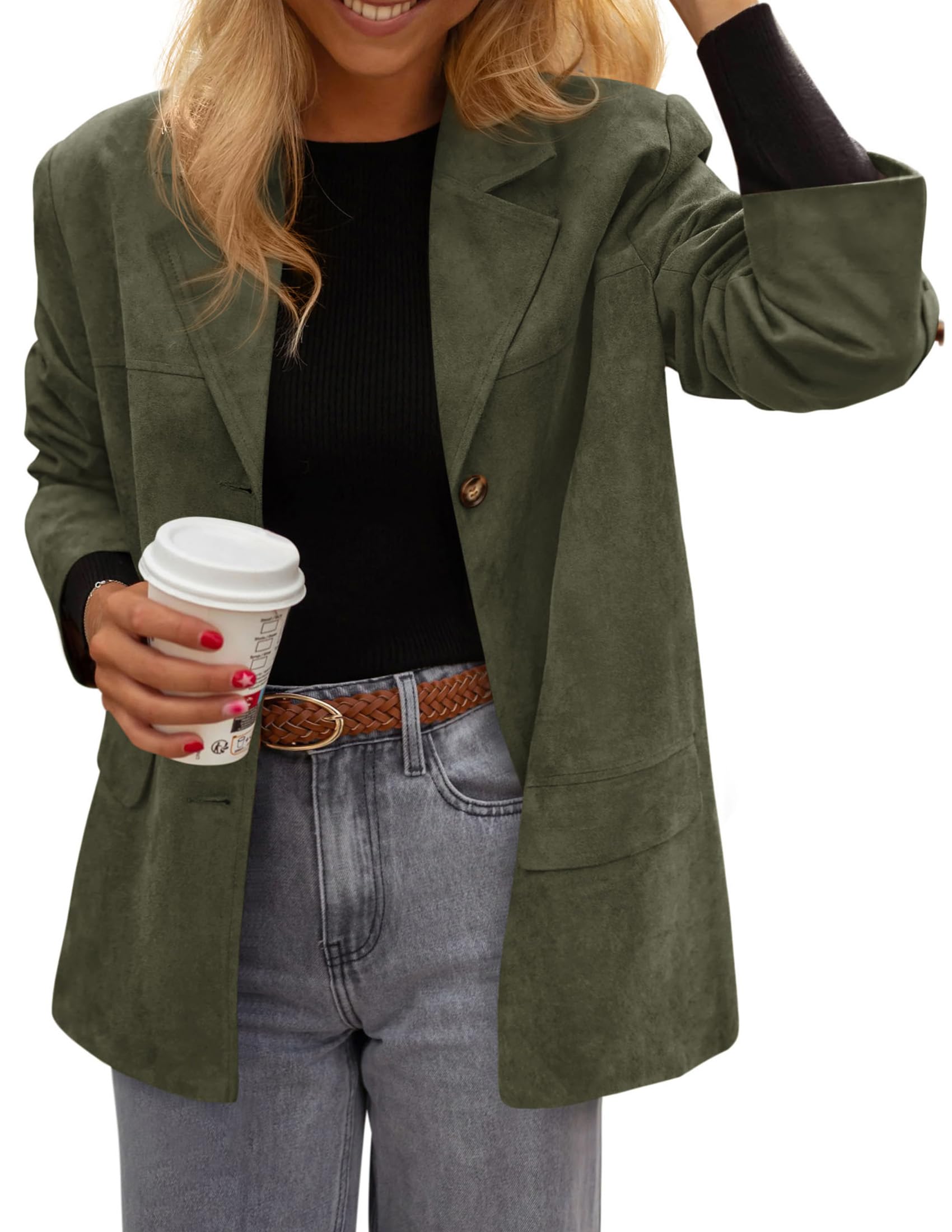 Blazers for Women Western Fall Faux Suede Jacket Army Green