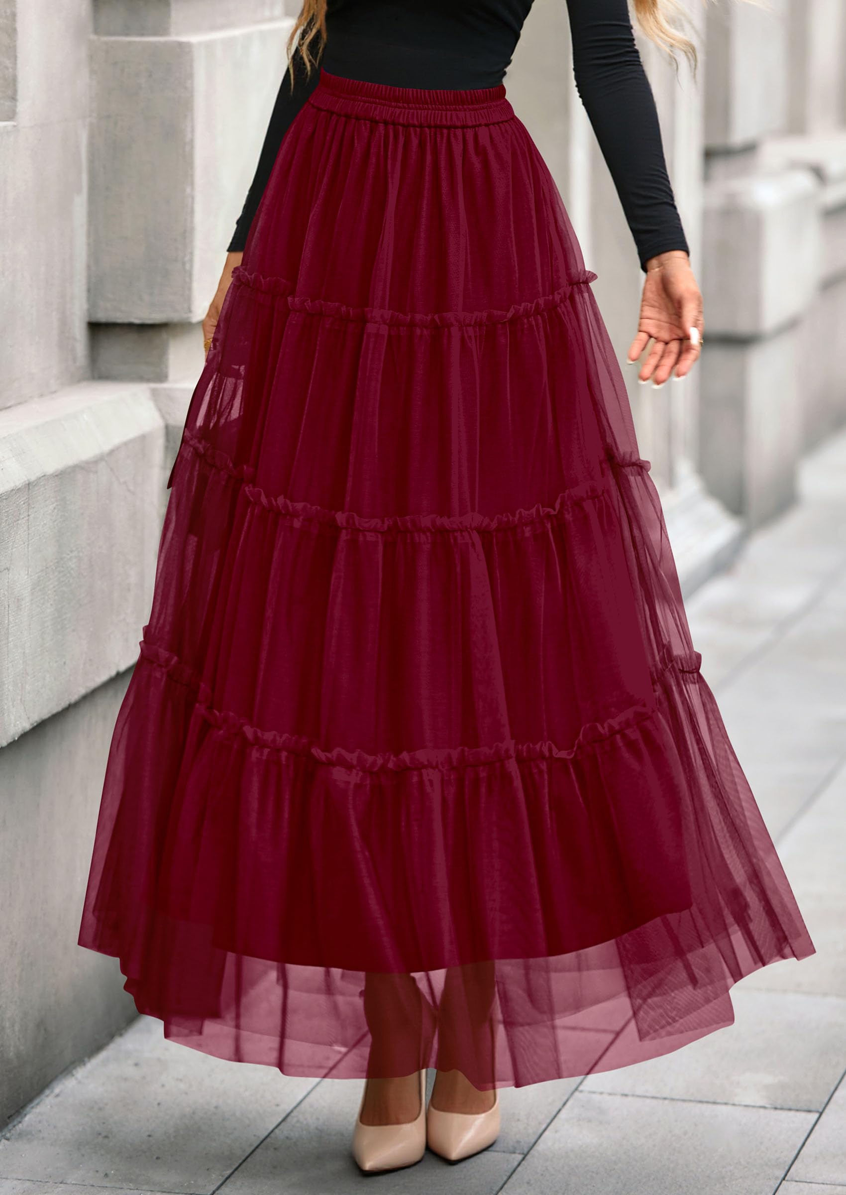 Women's Fall Soft Tulle Tiered Long Skirt,Burgundy,S