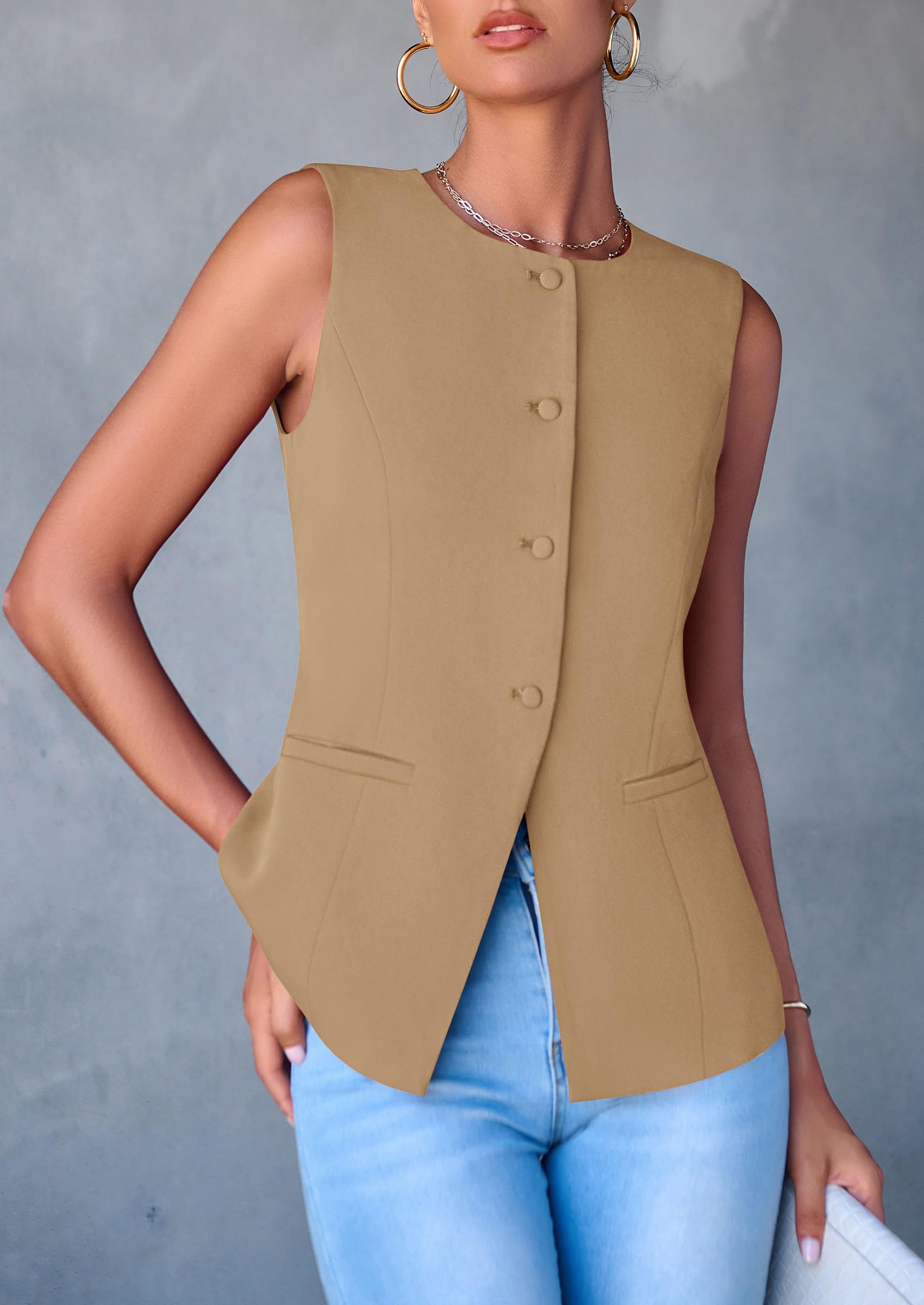 Women Tailored Suit Vest Business Casual Tops, Light Khaki,S