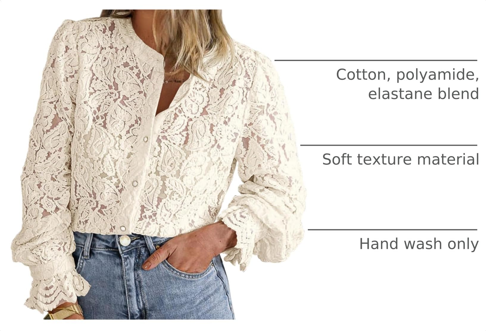 Women's Fall Trendy Long Sleeve Lace Tops(Beige,Medium)