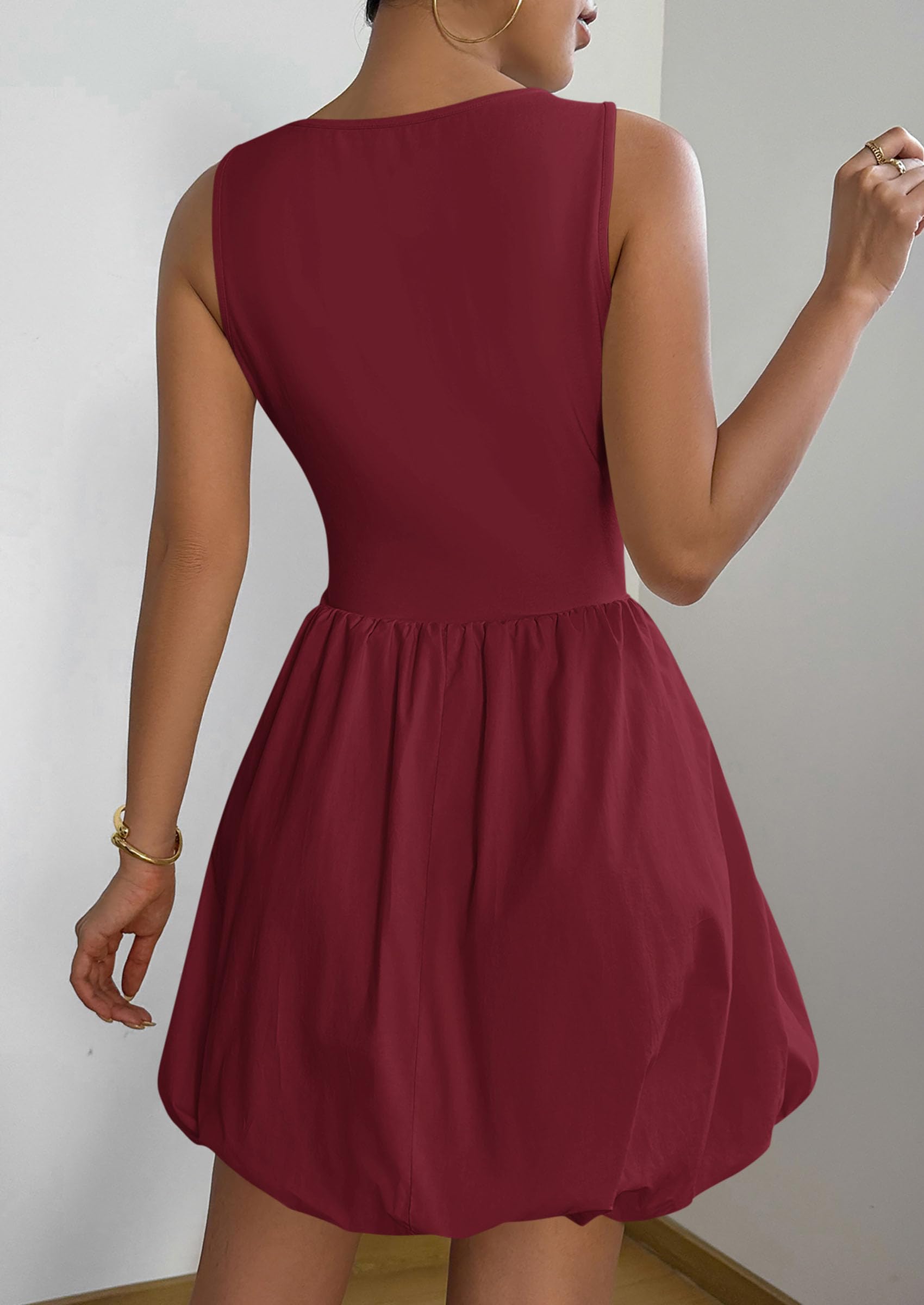 Womens Summer Bubble Sleeveless Mini Dress,Wine Red,S
