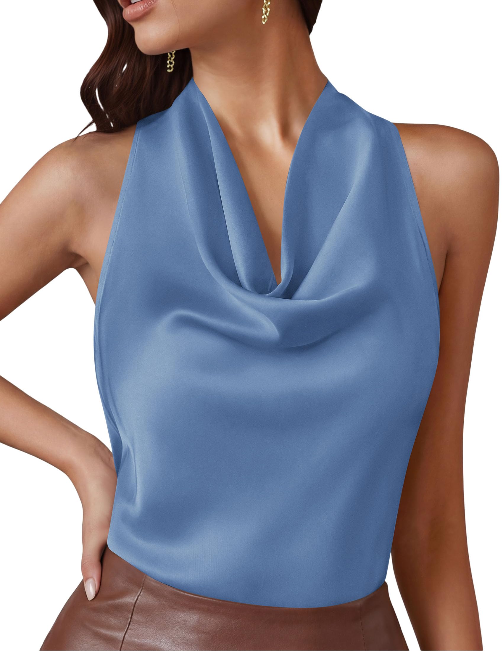 Satin Halter Tops for Women Dressy Casual Blue,XS