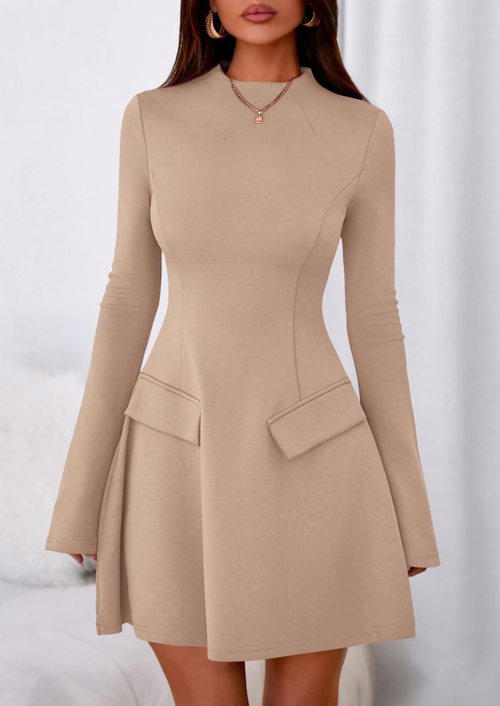 Women's Fall Bell Sleeve Short Dress,Khaki,XS