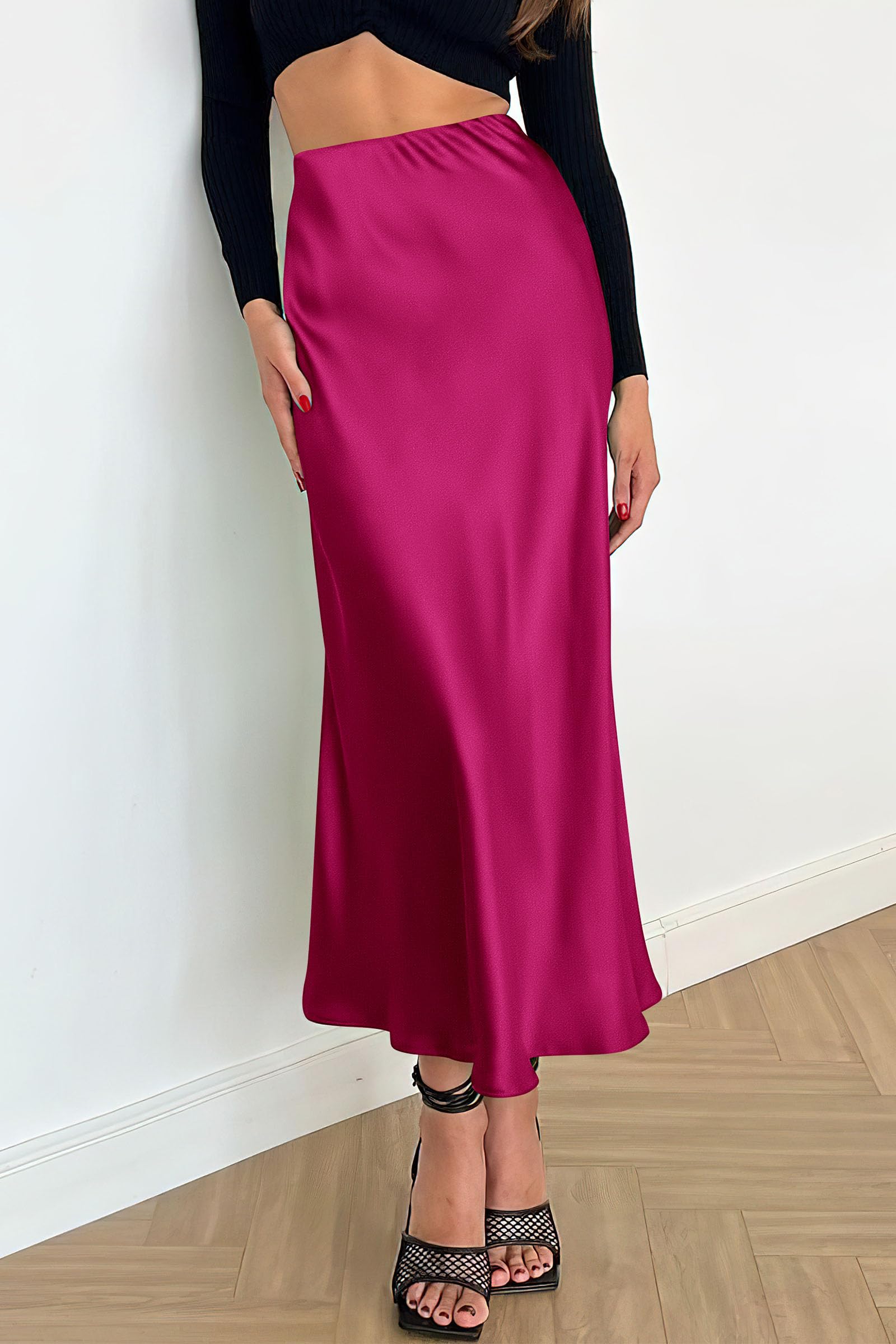 Women's Satin Midi Skirts Dressy Casual,Rose Red,S